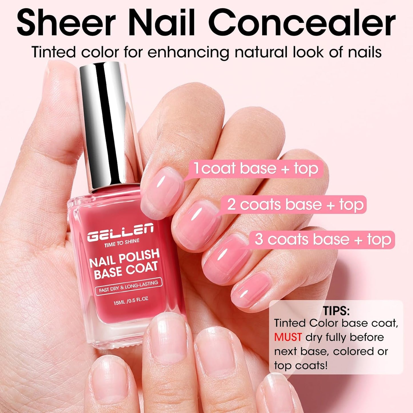 Gellen 4‑in‑1 Clear Nail Polish Base Coat Sheer Tinted Red, Ridge Filler, Nail Strengthener & Concealer, Calcium Formula Strengthens Nails, Natural Color Enhances Natural Look, No HEMA, Anti-yellowing
