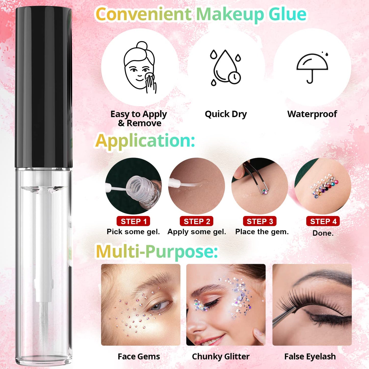 Colorful Flatback Face Gems and White AB Pearls for Makeup with Quick Dry Glue, Half Round Pearls Nail Art Rhinestones Glass Crystal Beads for Make-up Deco with Pickup Pencil + Tweezer