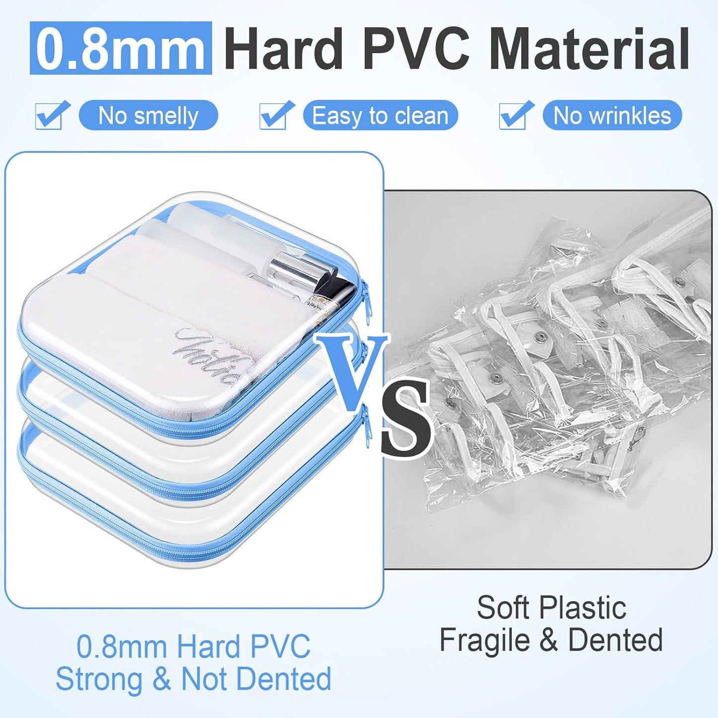 Hoolerry 3 Pcs Clear Hard Zipper Case Plastic Pouch Transparent Hard Case Clear Makeup Bag Portable Travel Organizer Bin for Cosmetics, Building Blocks, Puzzles(Blue,M)