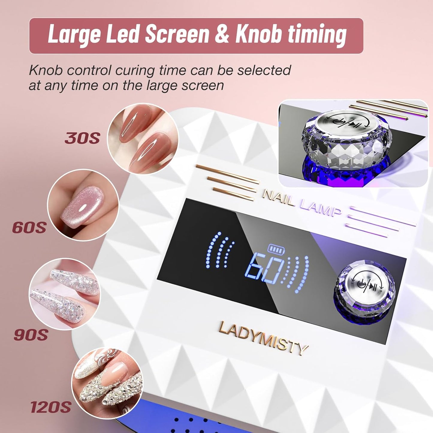 268W UV Nail Lamp Cordless, LadyMisty UV Light for Gel Nails with Convenient Knob, Dual Light Source Precise Curing & LCD Display Screen, Portable Wireless Nail Lamp, Fast Curing for Nail Salon & Home