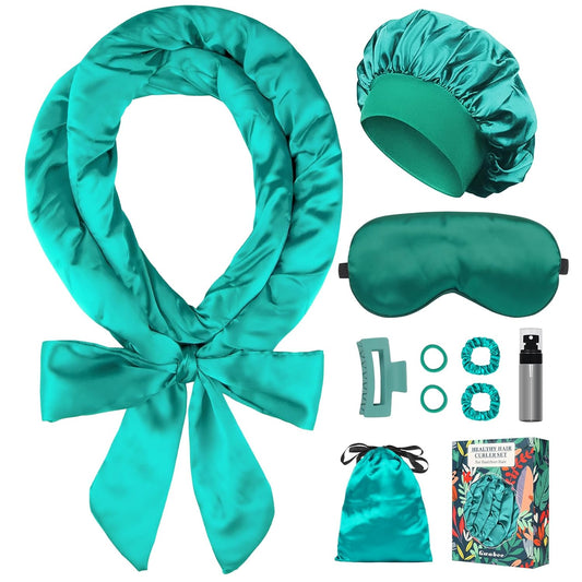Satin Heatless Curls Overnight Hair Curlers to Sleep In Hair Curler Rollers No Heat Hair Wrap for Curls Headband, 70" Satin Heatless Curling Set for Women Long Waves Hair Volume -Green 10 PCS