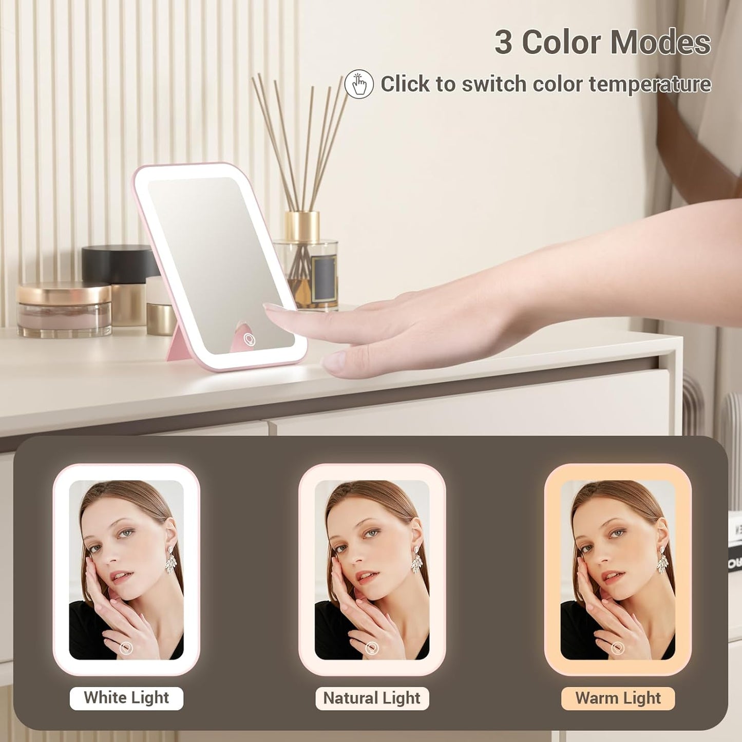 Kintion Travel Makeup Mirror, 6"*4.2" Rechargeable Portable LED Lighted Tabletop Vanity Mirror, 3 Colors Touch Dimmable Compact Mirror for Women Gift, Pink