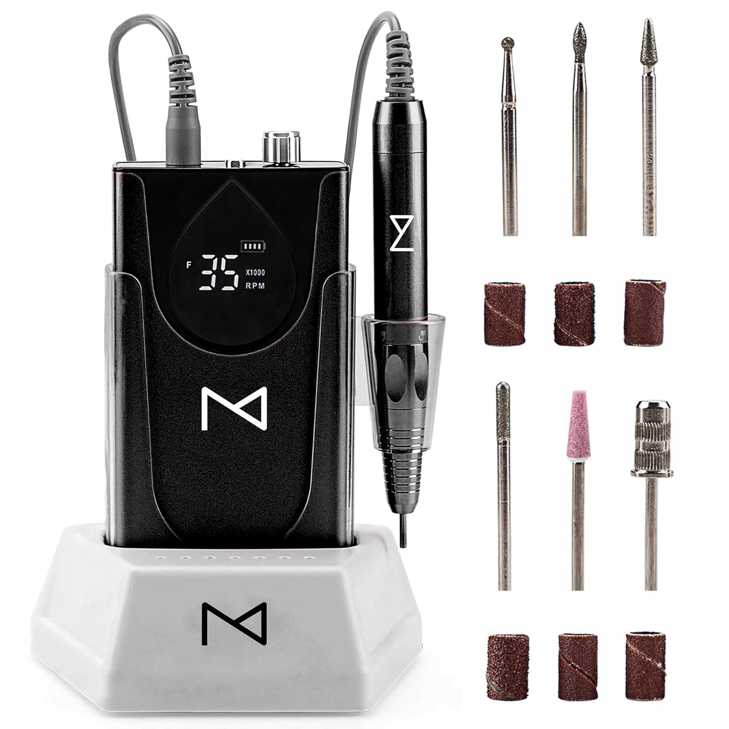M Max - Professional Nail Drill Machine - 2-in-1 Brushless Motor Nail File - Electric, Cordless, Aluminium Alloy Casing, 35000 RPM, HD Display - Perfect for Salon & Home Use (Black)