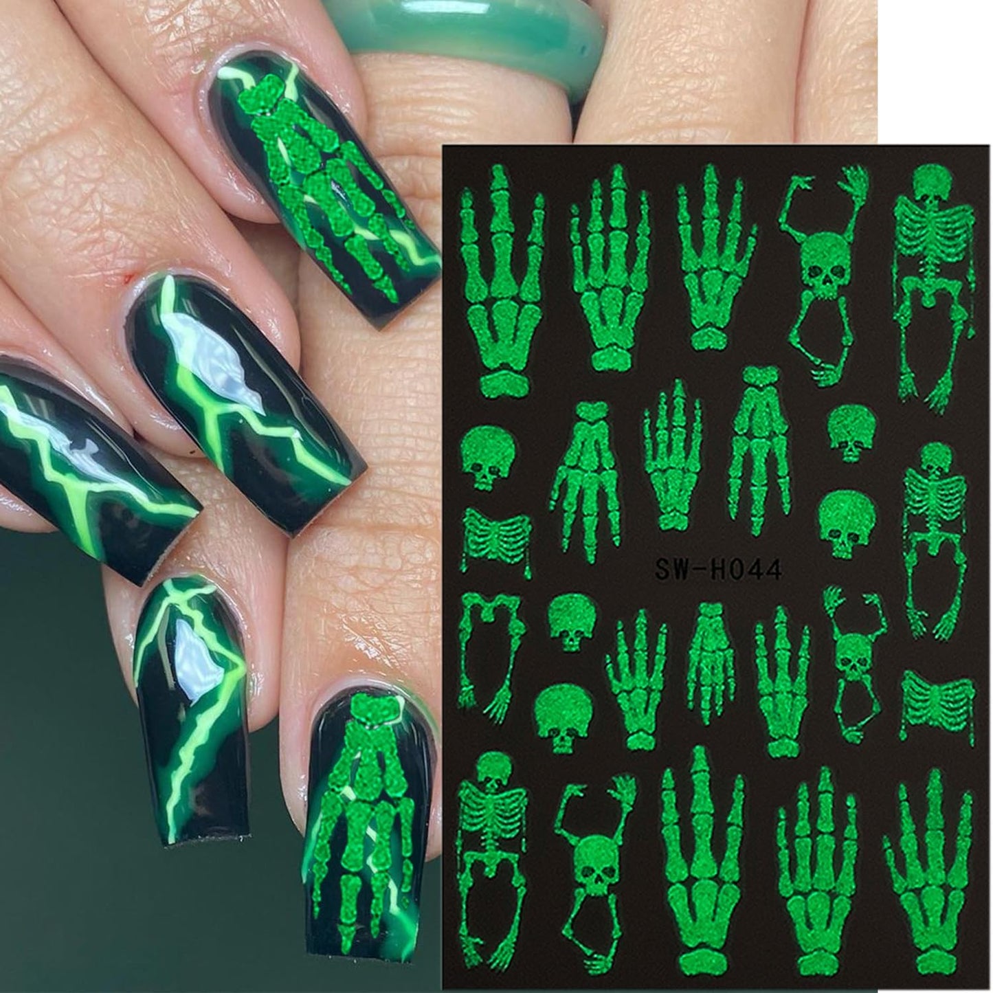 6 Sheets Halloween Nail Decals for Nail Art Glow in The Dark Spider Web Skeleton Nail Art Stickers Hand Bones Skull Nail Stickers 3D Self-Adhesive Spider Nail Supplies for Women Holiday Nails Designs