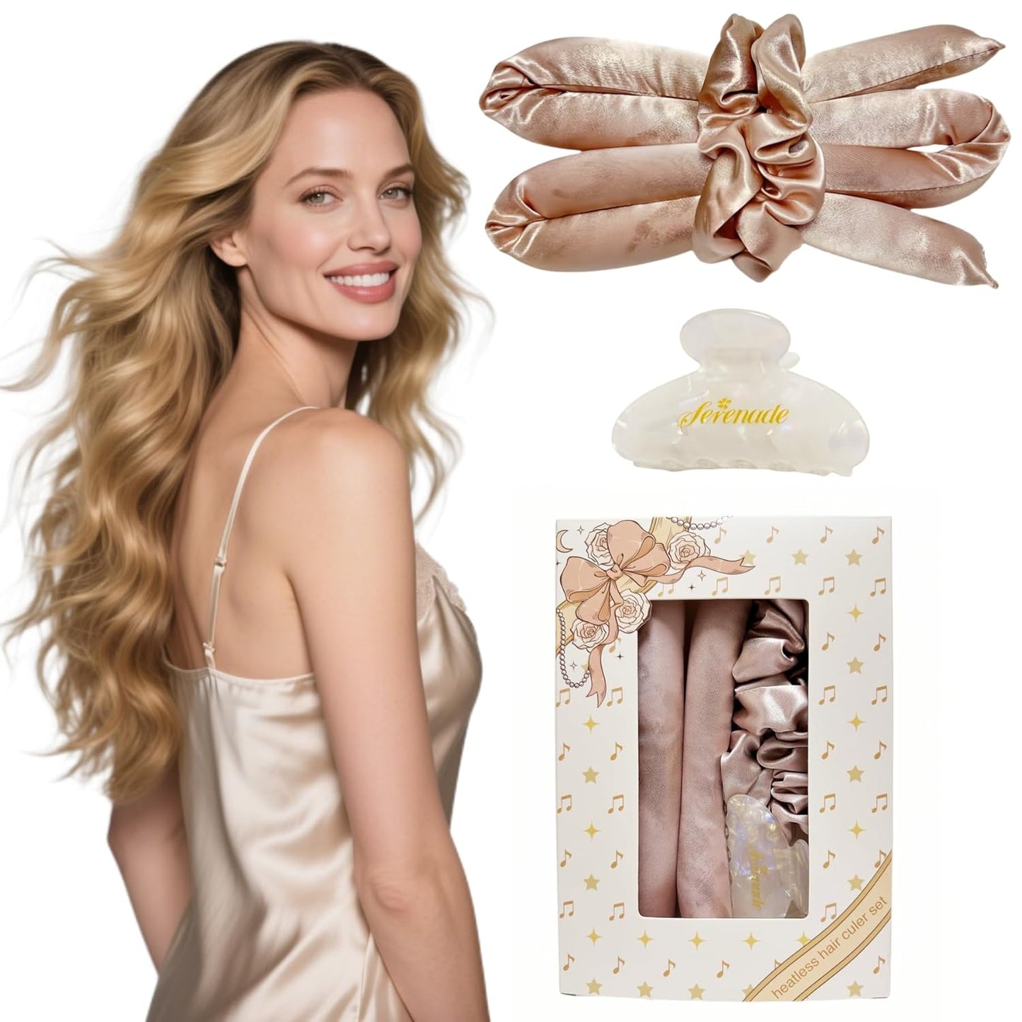 Serenade Sparkling Satin Heatless Curls Overnight, Heatless Hair Clurer Curling Rod Headband, No Heat Curling Rod Hair Roller for Women and Girls to sleep in, Pink