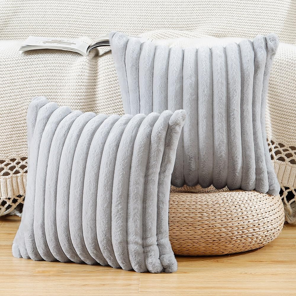 MADIZZ Set of 2 Faux Wool Plush Decorative Throw Pillow Covers 24x24 Inch Light Grey Fluffy Striped Soft Decorative Cushion Cover for Sofa Bedroom Pillow Shell