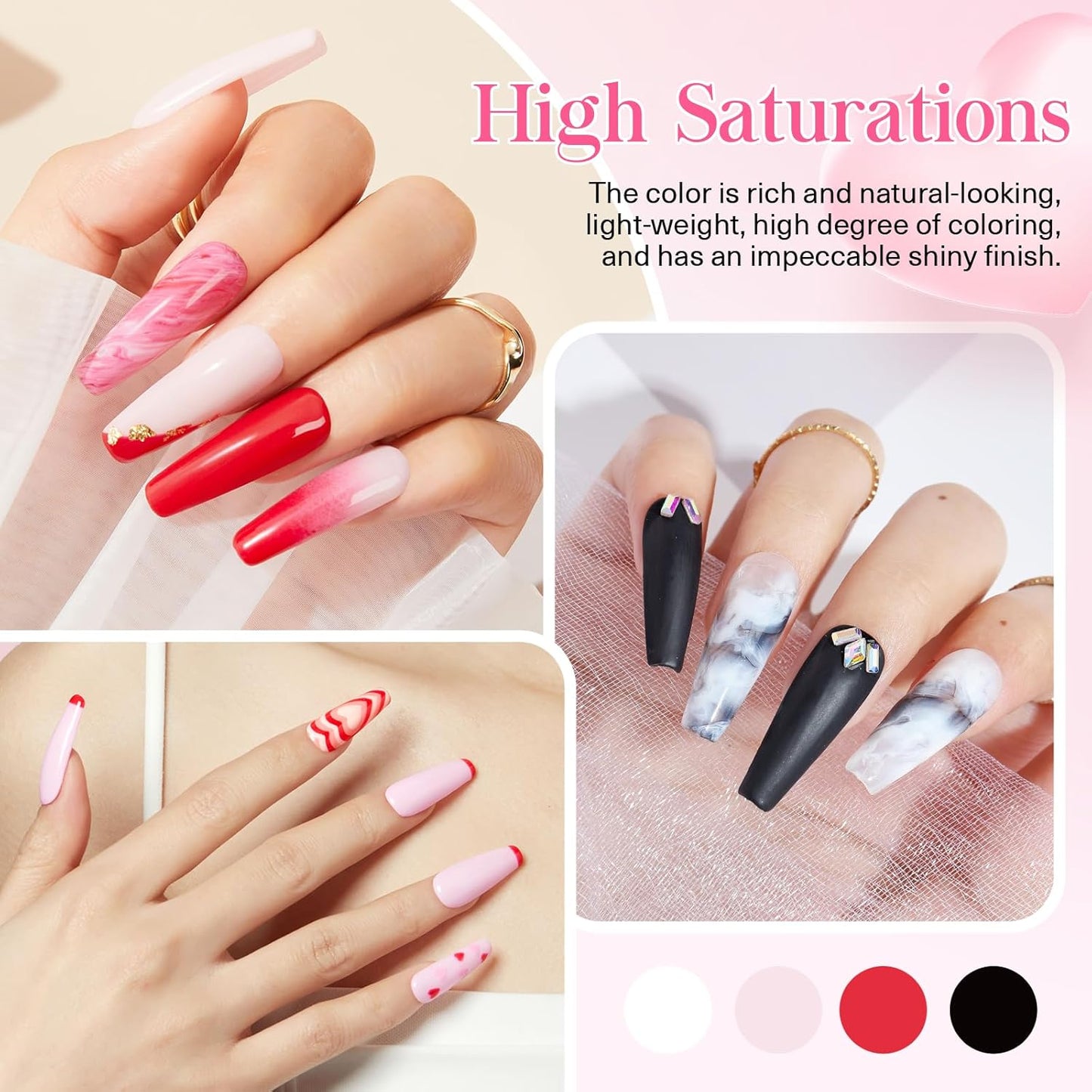 AZUREBEAUTY Dip Nails Powder Starter Kit, 4 Colors Pink Red Black Clear Dipping Powder System Liquid Set Recycling Tray with Base & Top Coat Activator Manicure Kit for Valentine's Day Gift.