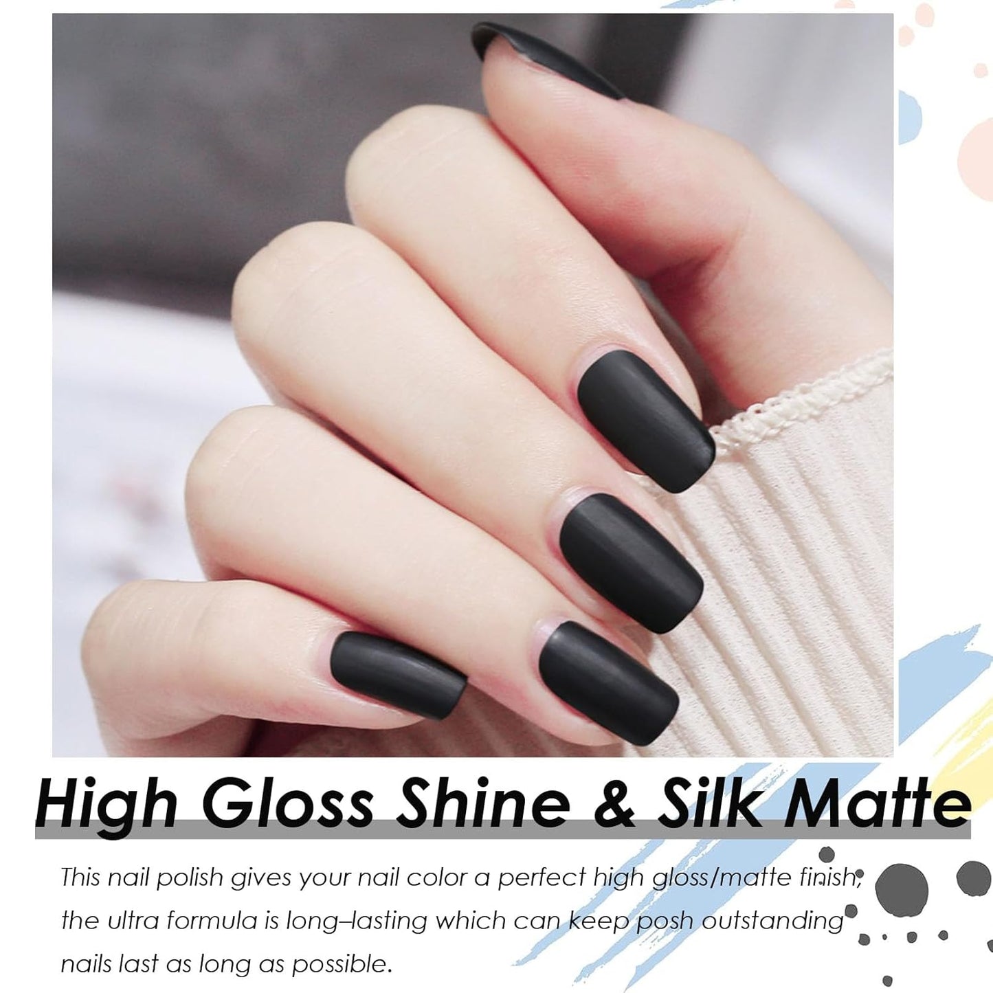 Matte Black Nail Polish - Matte Finish Black Fingernail Polish - Fast Drying Nail Varnish Mist Effect - Silky Velvet Nail Lacquer For Women Girls Manicure DIY at Home - No Need Bake