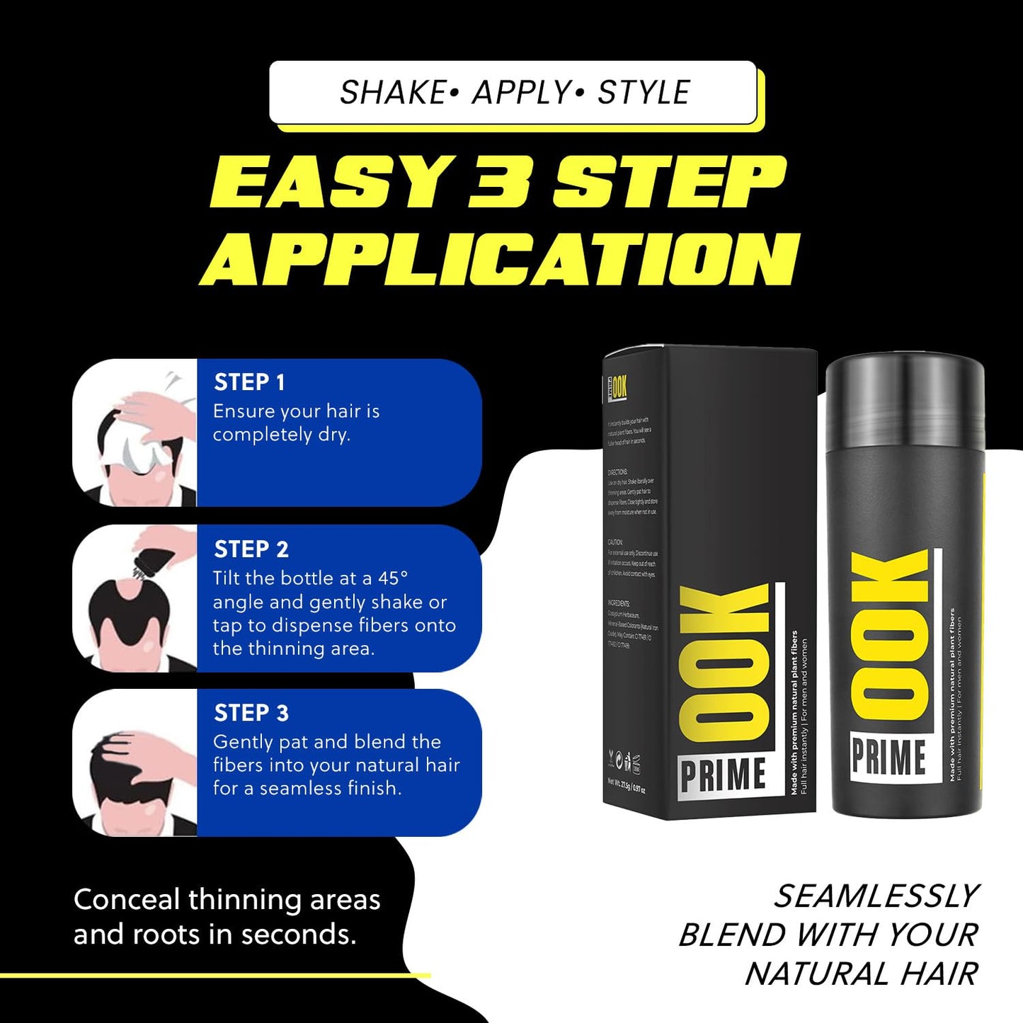 PrimeLook Hair Building Fibers, Luxurious Building Fibers for Thinning Hair, Superior Formula for Men & Women, Instant Volume, Matches Colors (27.5g, Black)