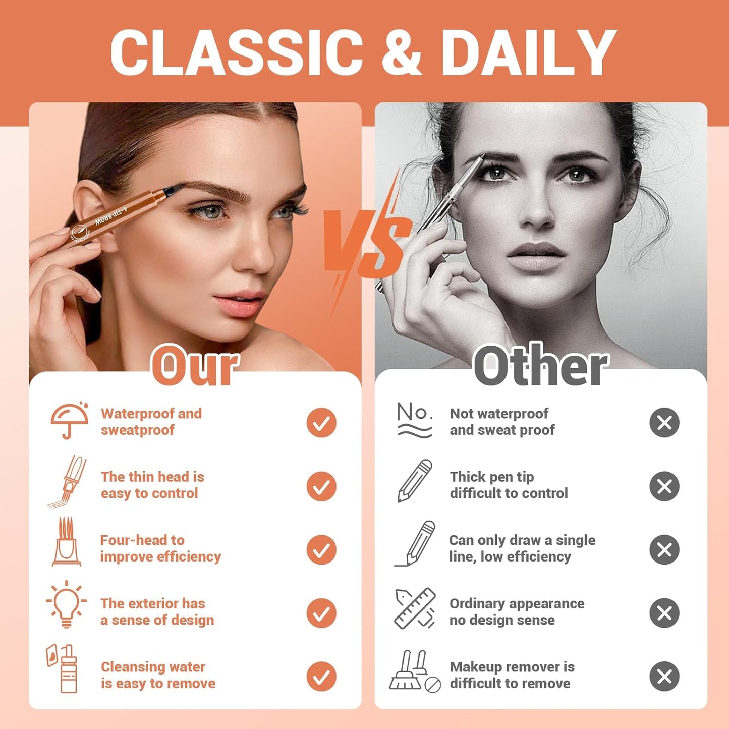 2025 New Magic Eyebrow Pencil, 4 Tipped Precise Brow Pen 3D Waterproof Microblading Contouring Pen Fine Stroke Microblading Eyebrow Pencil Creates Natural (5 Pcs)