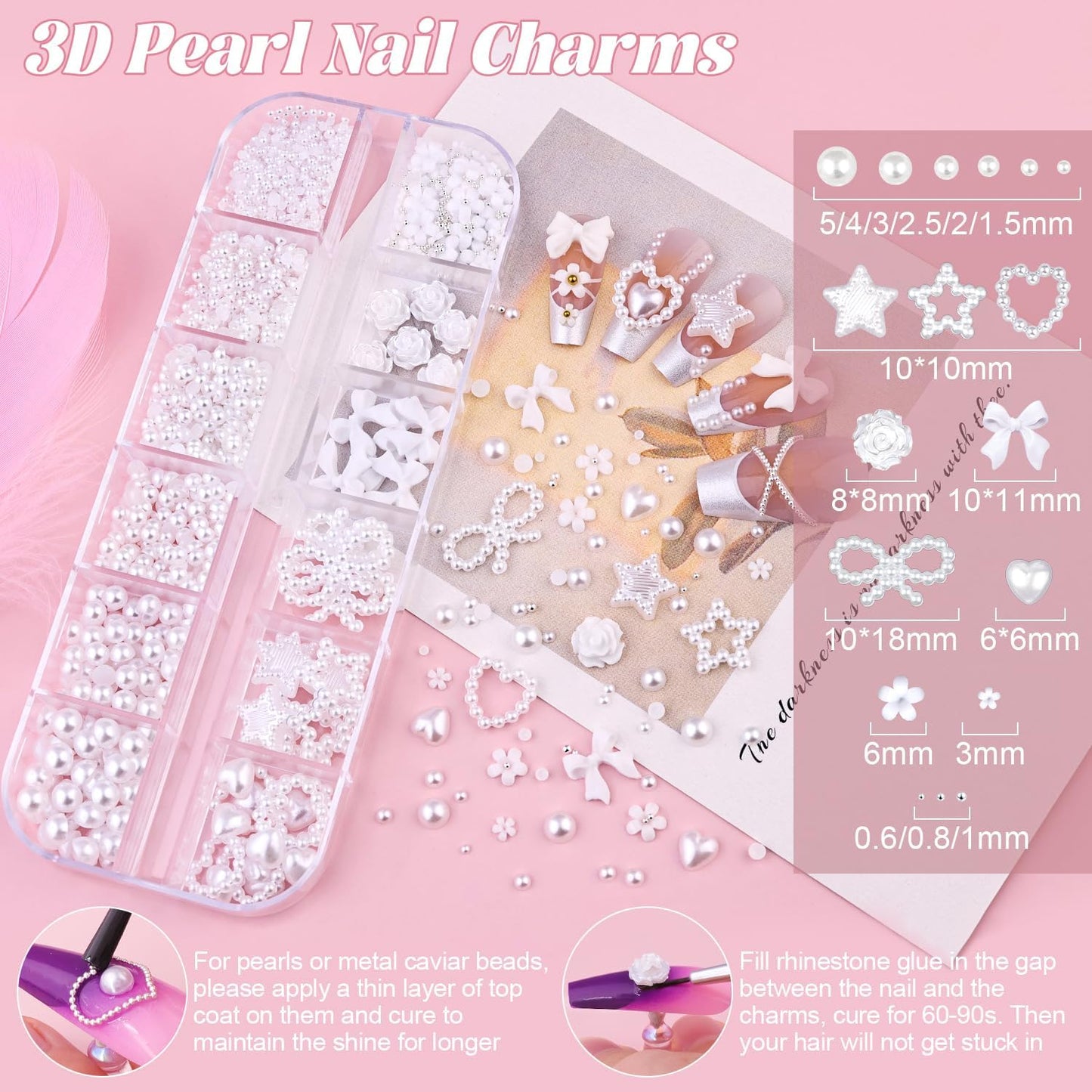 Flatback Pearls (White) and Metal Nail Beads (Silver+Gold) with Rhinestones Glue Gel for Nail Art, Pearl Nail Charms and Round Caviar Beads 3D Flowers Camellia Bows Star Heart for Manicure Decor