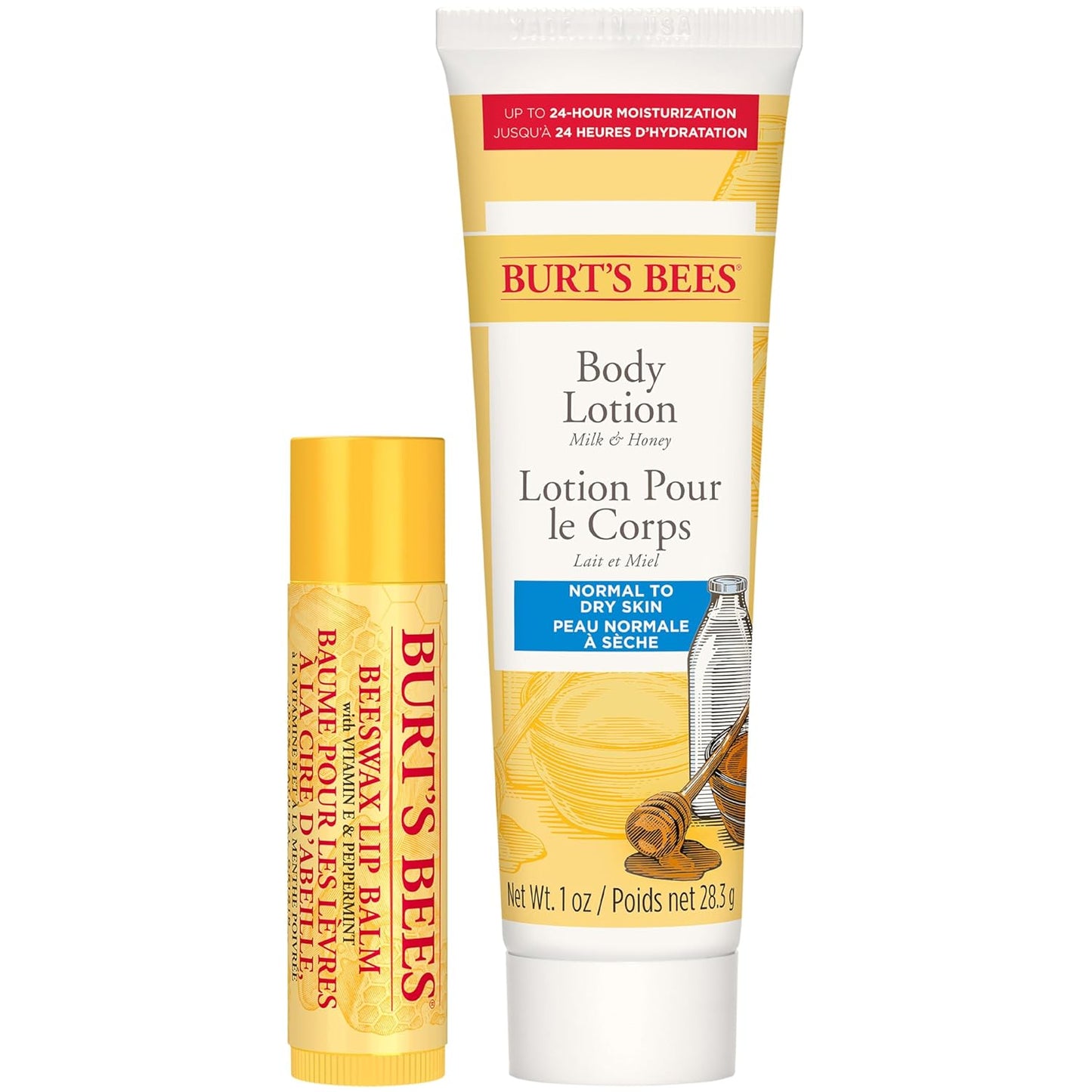 Burt's Bees Hive Favorites Beeswax Holiday Gift Set, Beeswax Lip Balm and Travel Size Body Lotion with Milk and Honey