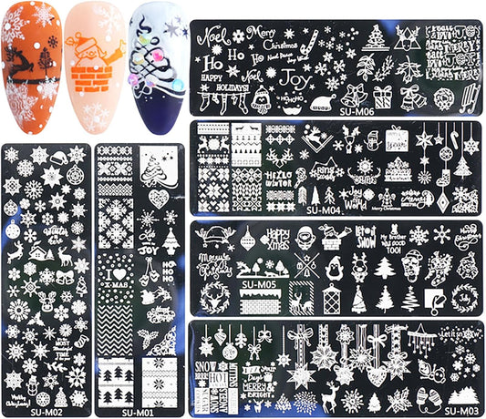 Christmas Nail Art Stamping Plate Kit,Snowflake Snowman Christmas Tree Elk Designs Nail Image Stamp Template Xmas DIY Stainless Steel Nail Image Polish Template Kit 6Pcs