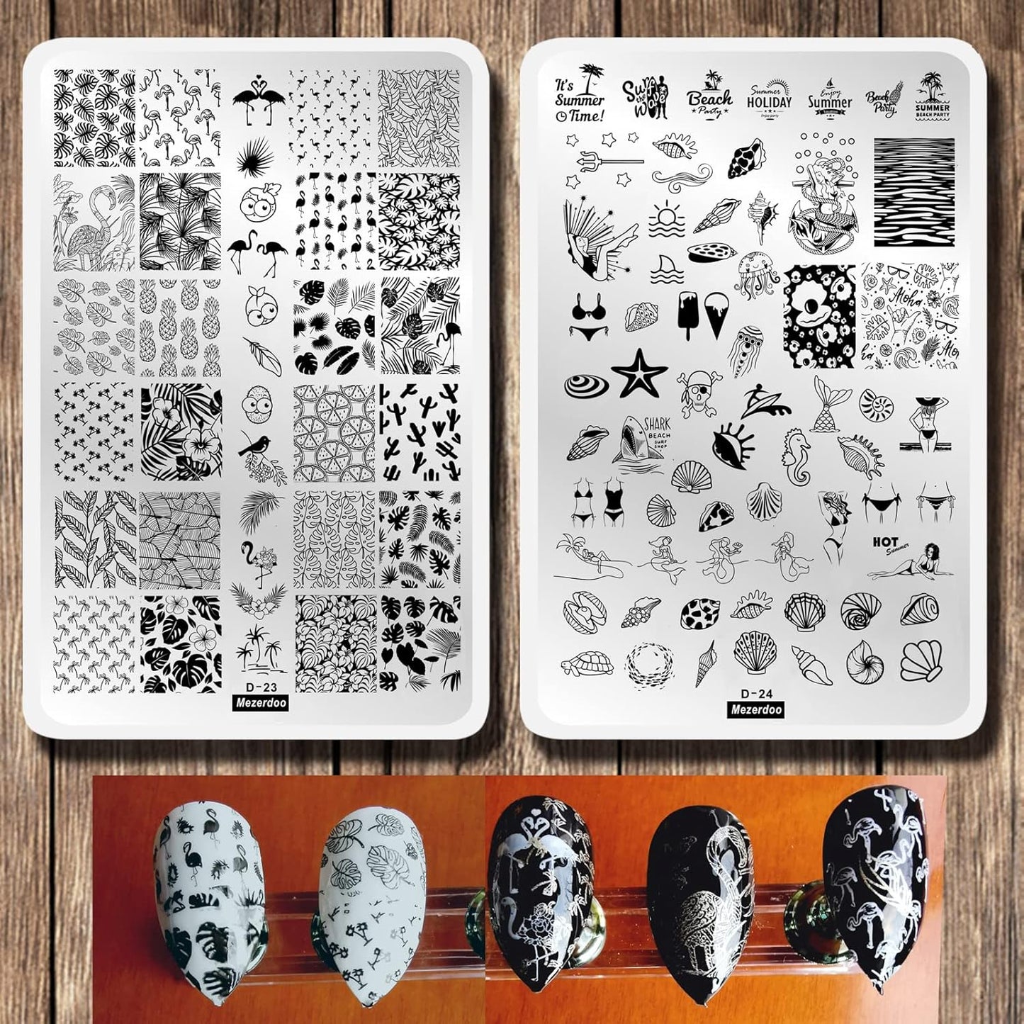 Summer Nail Art Stamping Plates Kit- 2pcs Mermaid Swan Nail Art Plate Templates Flamingo Flowers and Cute Ocean Animals Stamp Templates Set Nails DIY Design Gift for Women