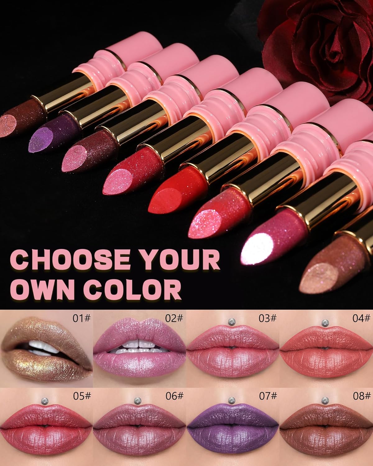 Glitter Metallic Rose Nude Shimmer Lipstick Long Lasting,Glitter Diamond Shine Red Lipstick Transfer Proof Non-Stick Lip Gloss Shimmer Highly Pigmented Full Coverage Lip Makeup for Women-05