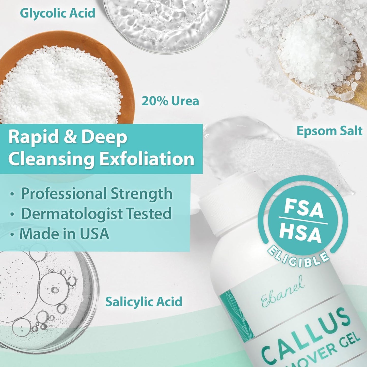 Ebanel Professional Callus Remover for Feet with 20% Urea, Epsom Salt, Salicylic Acid, Glycolic Acid, Heel Toe Foot Callus Remover Gel Peel Exfoliator Dead Skin Removal for Feet, Cracked Heel Repair