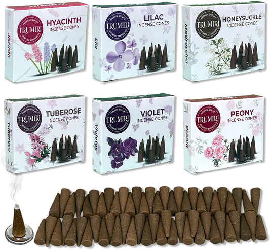 TRUMIRI Blossom Incense Cones - Variety Pack - Total 60 Cone Incense (6 Scents x 10 Conos) - Peony, Lilac, Violet, Honeysuckle, Hyacinth, Tuberose - Cone Incense Scents - Insense Cones - Incent Cone
