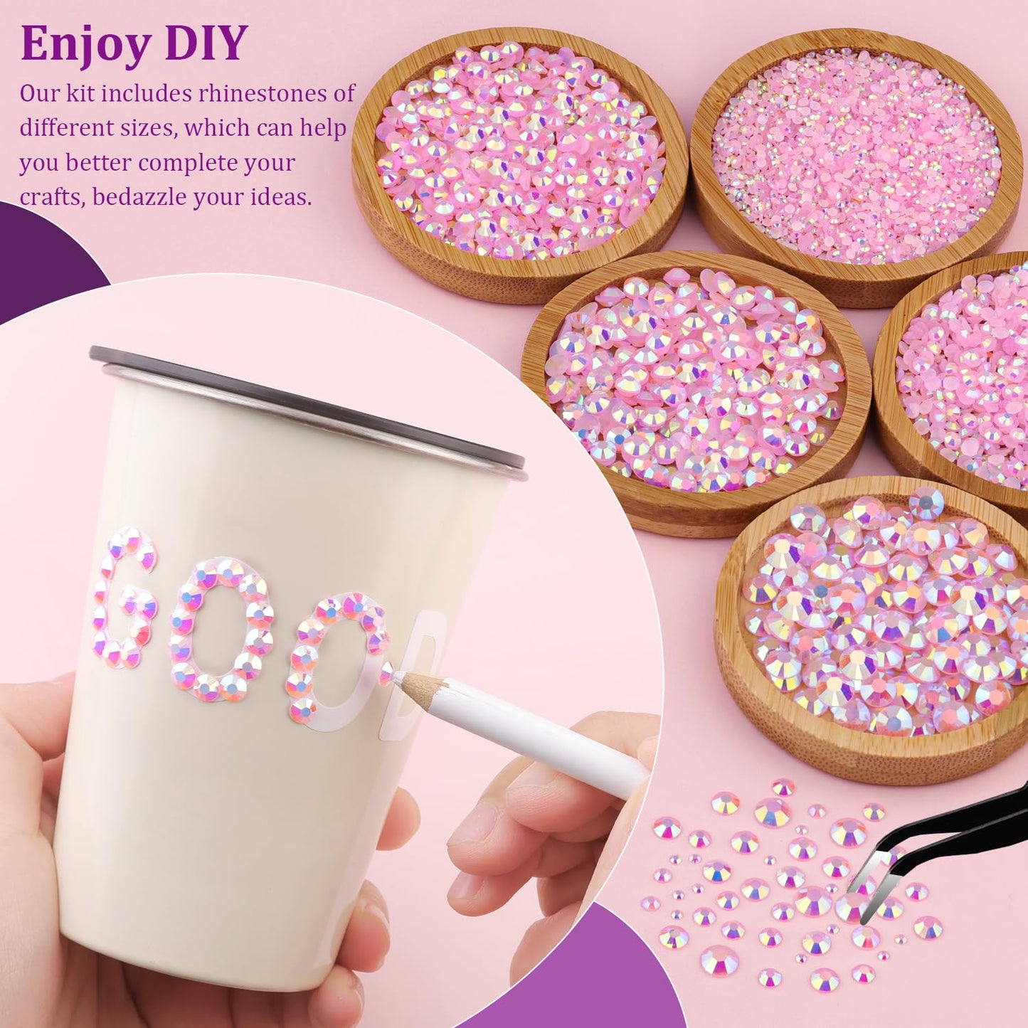 Resin Jelly Rhinestones for Crafting with B7000 Jewelry Glue, 2 Boxes Light Pink AB Flatback Crystals with 3Pcs 10ml Glue, Bedazzling Non Hotfix Gems for DIY Tumblers Clothing Shoes Manicure