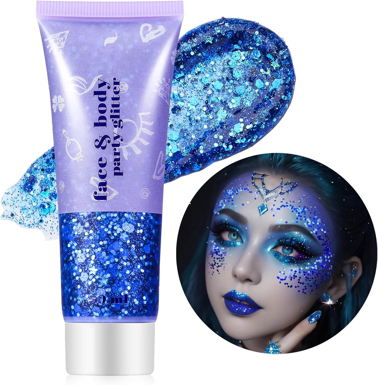 Go Ho Blue Face Body Glitter,Halloween Blue Face Paint Sparkling Mermaid Glitter Gel,Holographic Chunky Sequins Glitters for Eye Lip Hair Nails,Festival Rave Accessories