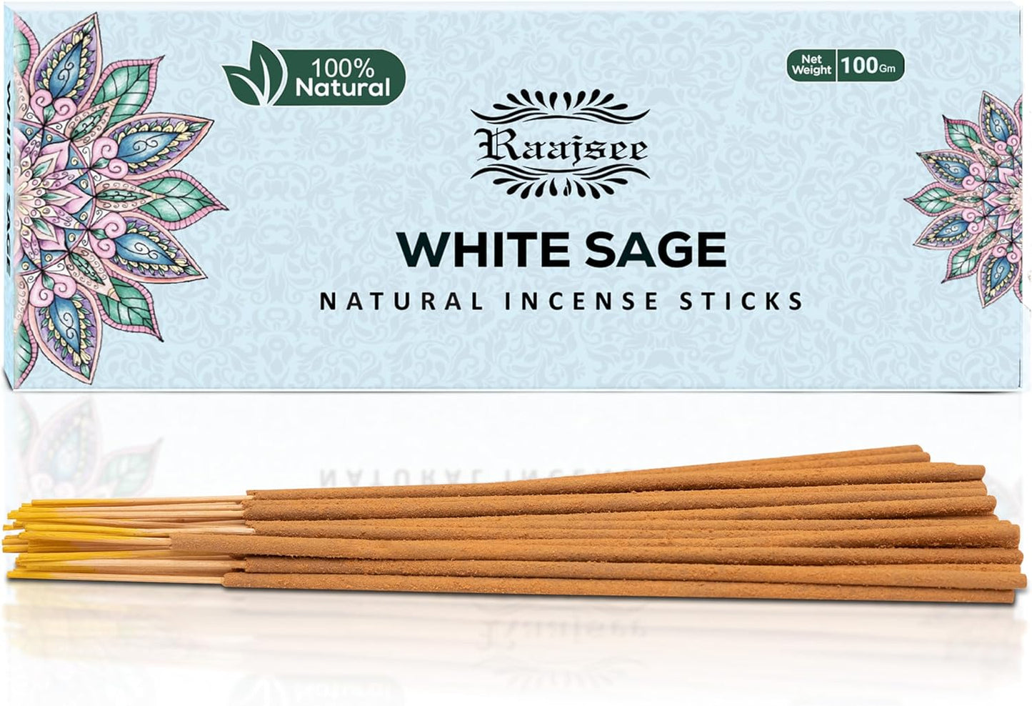 Raajsee White Sage Incense Sticks, 100%-Natural Charcoal Free Organic Non Toxic Clean Burning Handmade Insence Sticks 100 gm Pack, Meditation Gifts – Spritual Cleansing