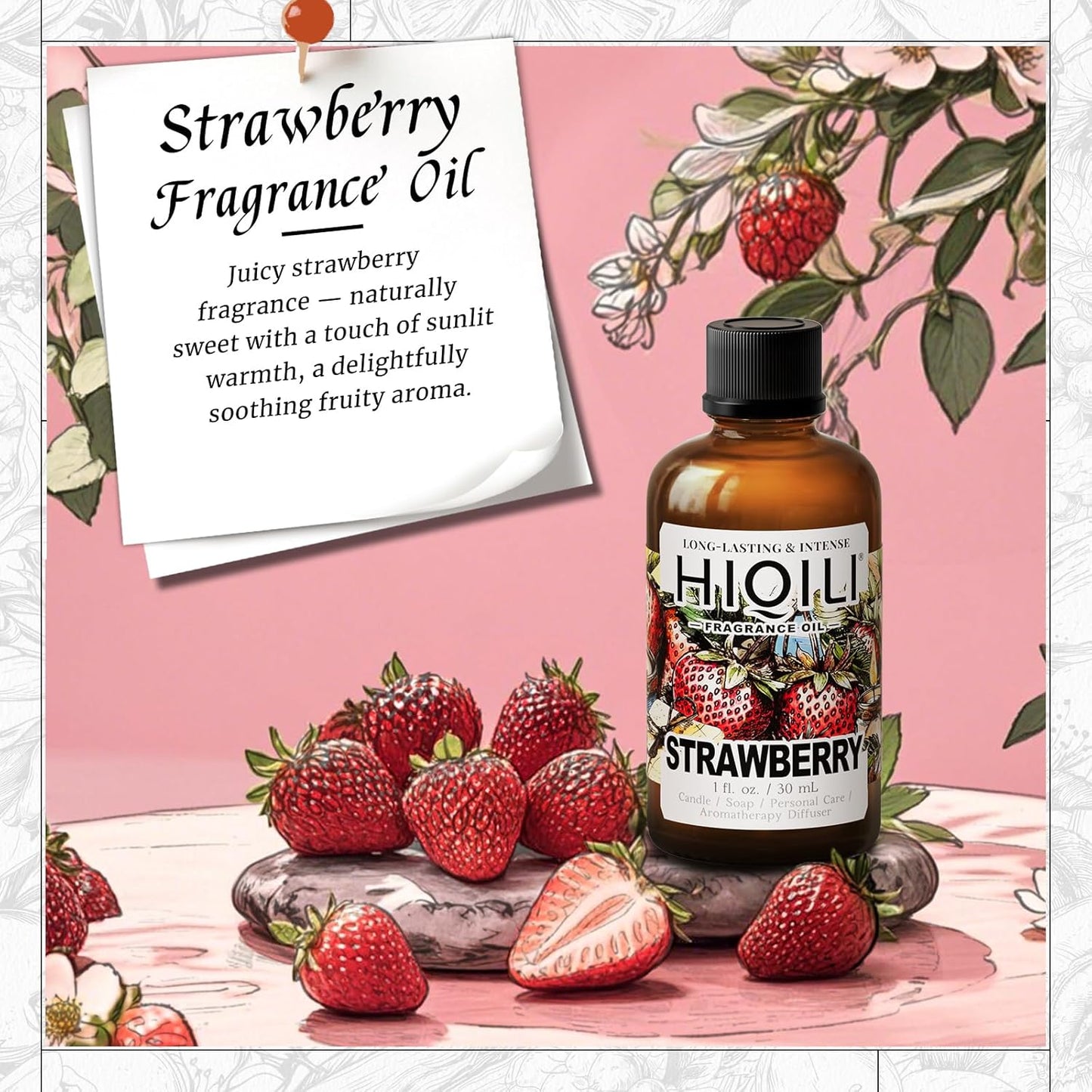 HIQILI Strawberry Fragrance Oil for Diffuser Use, Great for Candle, Soap, Body Butter Making, DIY Fruity Scent Perfume - 1 Fl Oz