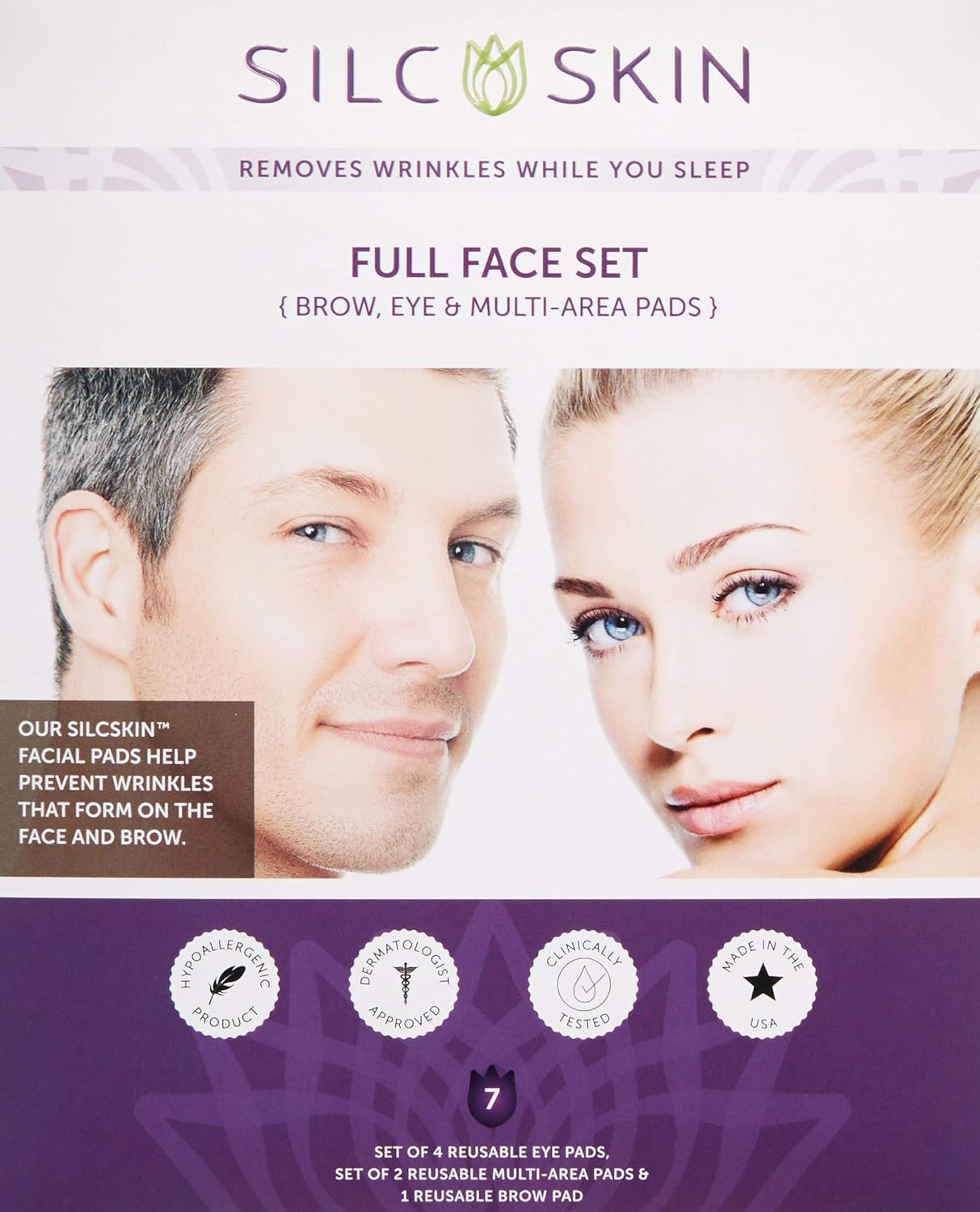 SilcSkin Full Face Set, Helps with Face & Brow Wrinkles from Sun Aging Side Sleeping, Reusable Self Adhesive Medical Grade Silicone, 1 Brow Pad, 4 Eye Pads, 2 Multi-Area Pads - 45 Day Supply