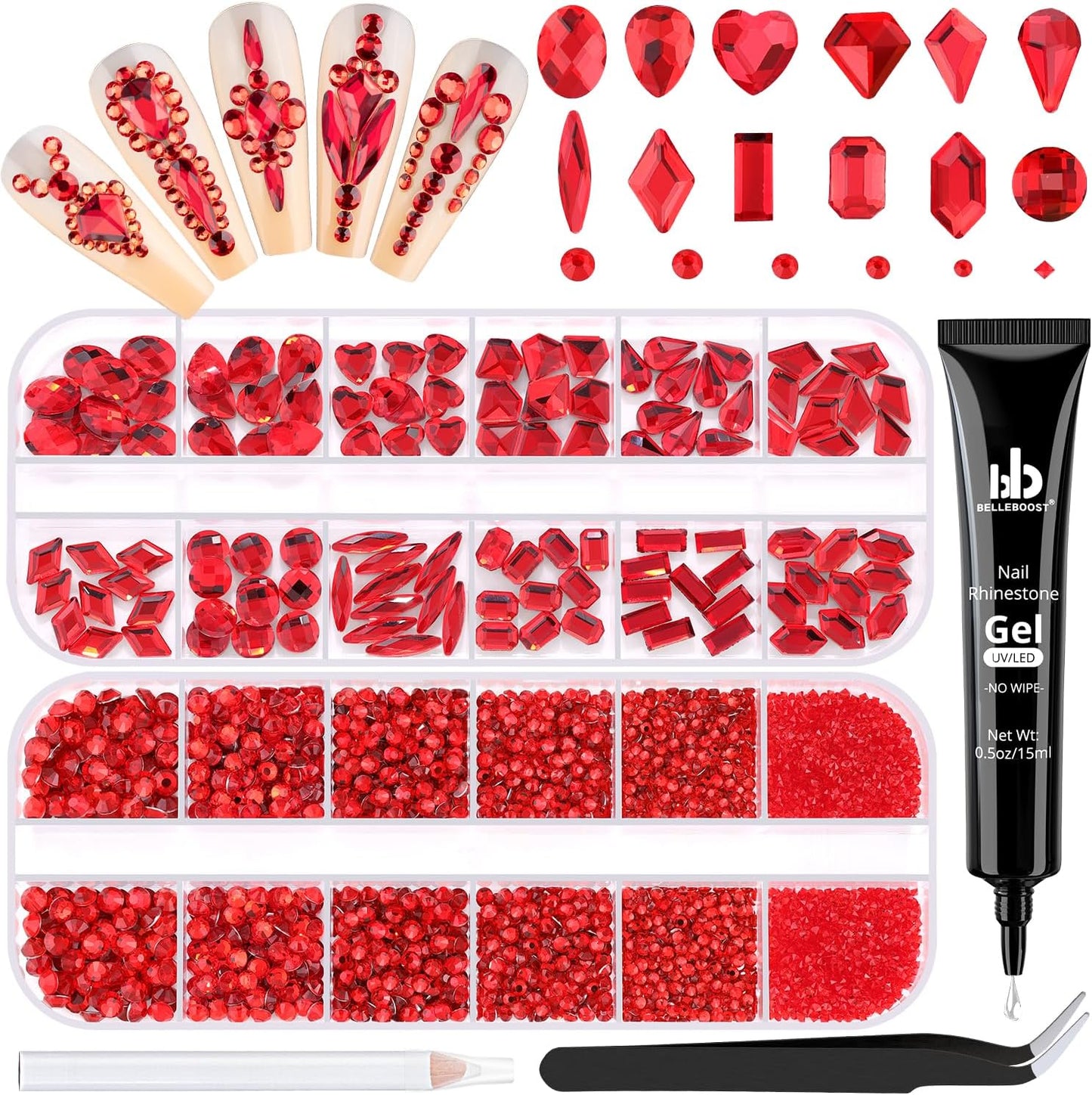 2680Pcs Red Glass Nail Rhinestones 120Pcs Multi Shapes Flatback Nail Gems + 2560Pcs 1.5-4mm Round Crystal with Rhinestones Glue Gel, Manicure Nail Charms Diamond Gemstones for Nail Art