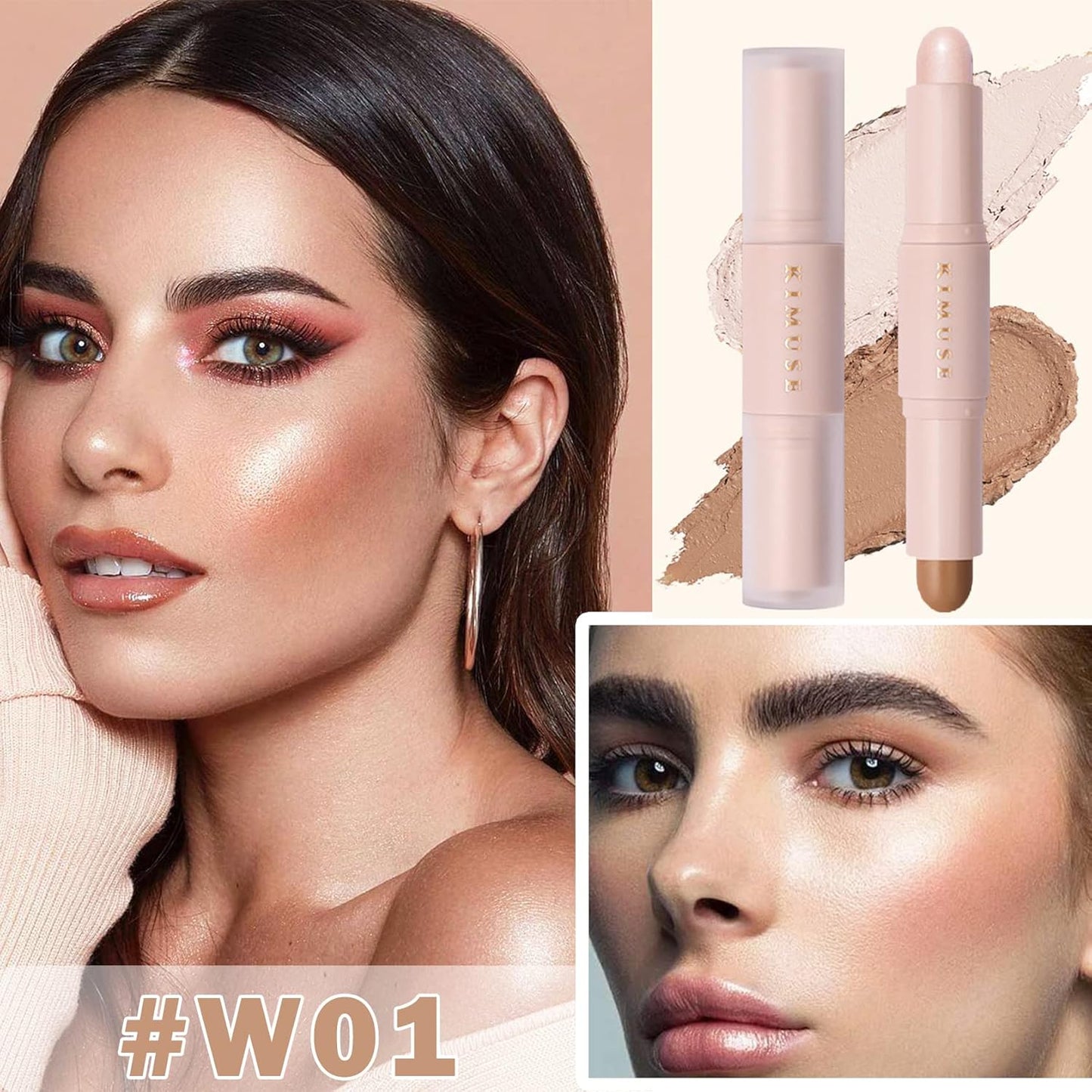 CAHIUYOA Cream Contour Stick, Velvet Finish, 2-in-1 Highlighter & Bronzer, Light, Brown, 0.0353 Ounce, Stick Packaging for Women & Girls