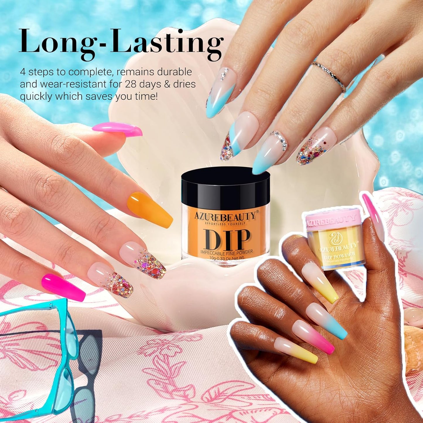 AZUREBEAUTY Dip Powder Nail Kit Starter, 4 Colors Pink Yellow Blue Glitter Dipping Powder Liquid Set Recycling Tray with Base & Top Coat Activator for French Fingernail Art Manicure Salon DIY at Home