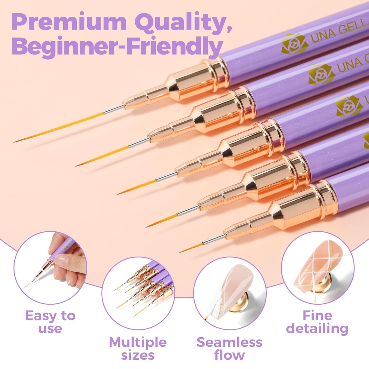 UNA GELLA Nail Art Pens Metallic, Liner Brushes Set For Nail Art Gel Polish, 5Pcs Purple Color, Detail Nail Art Design Painting Brush Set For Nails Gel Fine Drawing Nail Tools, Sizes 7/9/11/15/25mm