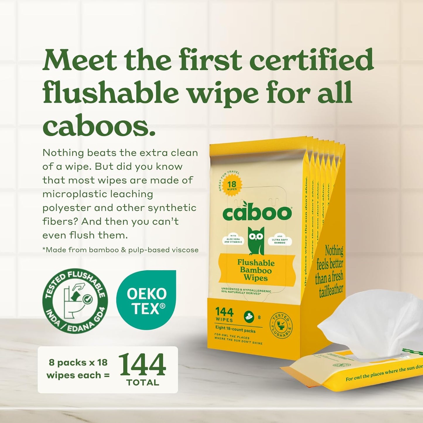 Caboo Tree Free Flushable Wipes, Travel Wipe, Certified Flushable, Septic Safe, Biodegradable Wipe for Adults, Pack of 8, Total of 144 Travel Toilet Wipes