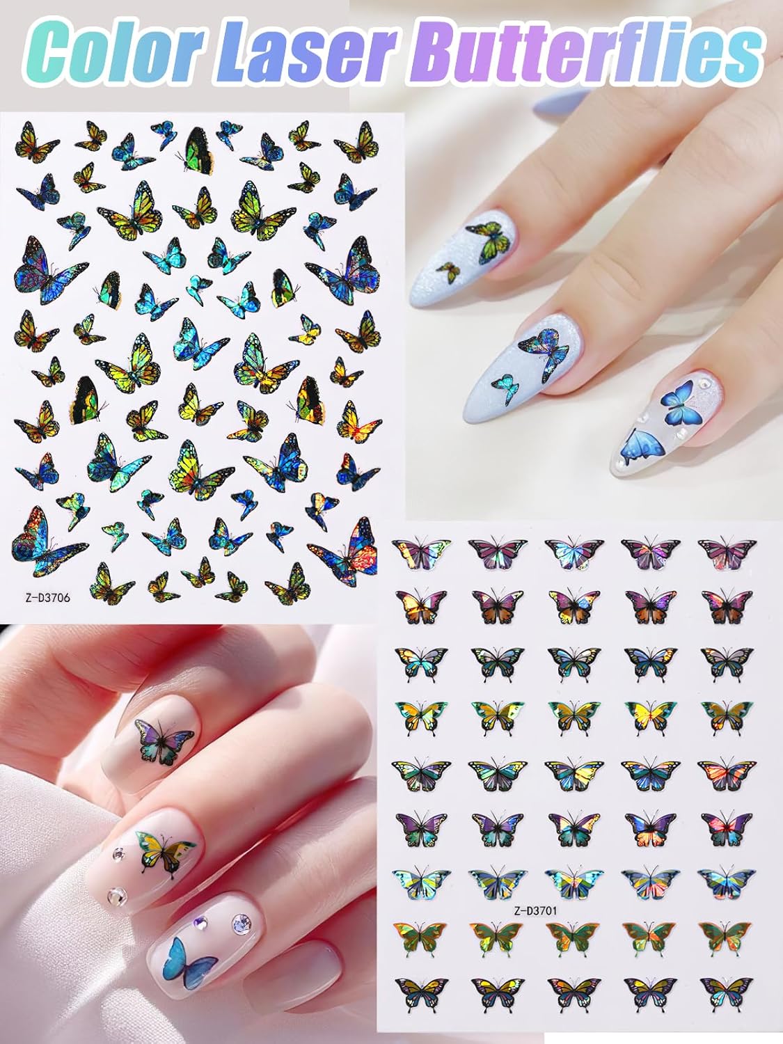 TOROKOM 12 Sheets Butterfly Nail Art Stickers, 3D Self-Adhesive Nail Decals with Colorful Laser Butterflies Designs for DIY Manicure Decor