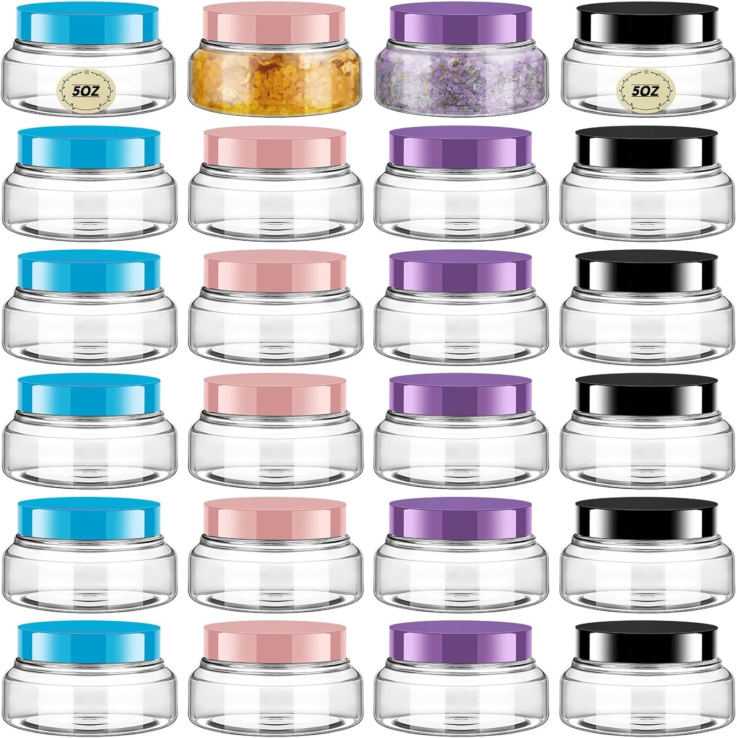 Tessco 24 Pack Plastic Jars with Lids Labels Empty Clear Plastic Jars Round Refillable Cosmetic Containers Body Butter Containers Bulk Sugar Scrub Bottle for Make Up(5 oz,Multicolor)