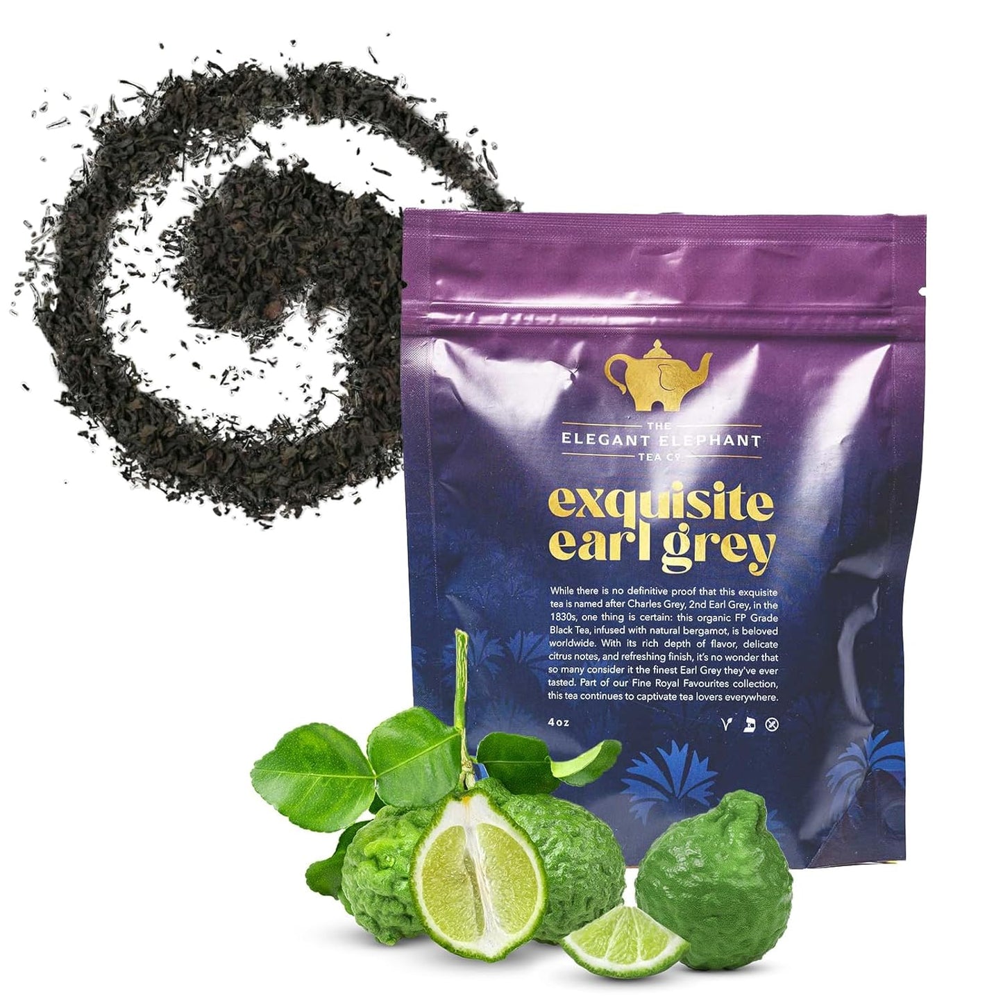 Earl Grey Tea, Organic Loose Leaf Black Tea – Classic Bergamot & Citrus Flavor – Boost Clarity & Wellness – Drink Hot or Iced – 4 oz Resealable Bag (Makes 50 Cups) – The Elegant Elephant