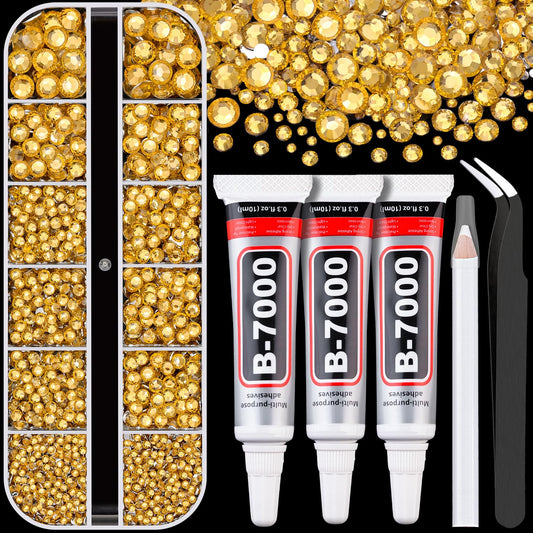 Resin Rhinestones for Crafting with B7000 Jewelry Glue, 1 Box Golden Yellow Flatback Crystals with 3Pcs 10ml Glue for Bedazzling Crafts DIY Nail Art Makeup, Gems for Clothing Shoes