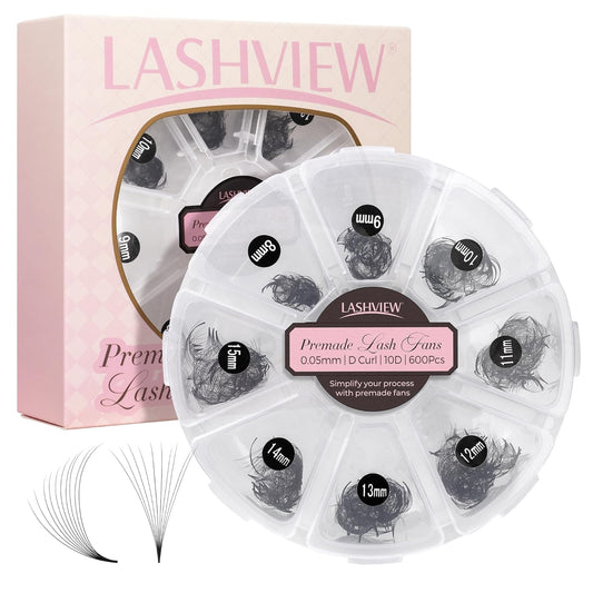 LASHVIEW 600 Premade Volume Eyelash Extensions Mixed Tray Fans D Curl Pointed Handmade Loose Fans Thin Base (10D-0.05D,8-15mm)