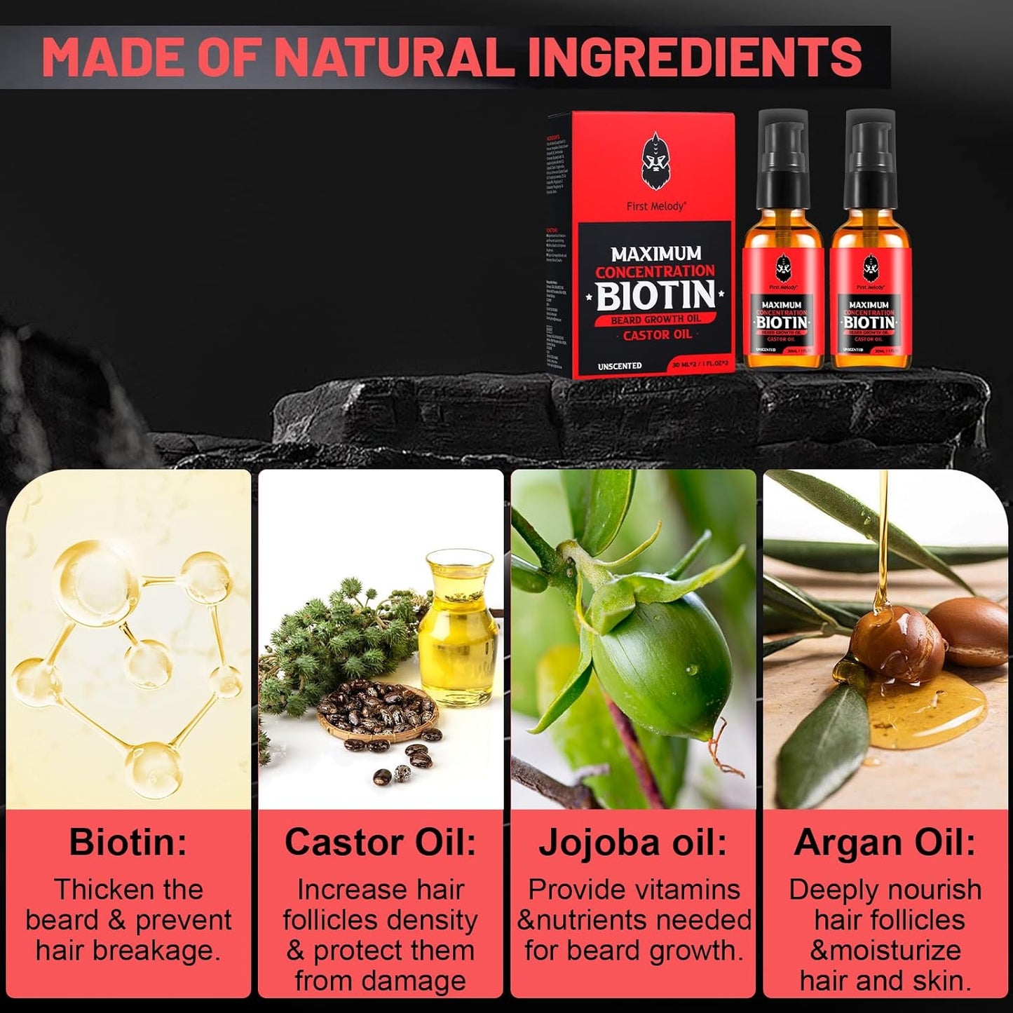 Beard Oil,Maximun Thickening Biotin, with Castor Oil and Argan & Jojoba Oils, Promotes Beard Growth, Styles, Strengthens & Softens Beards & Mustaches,1 Ounce*2（2 Pack）