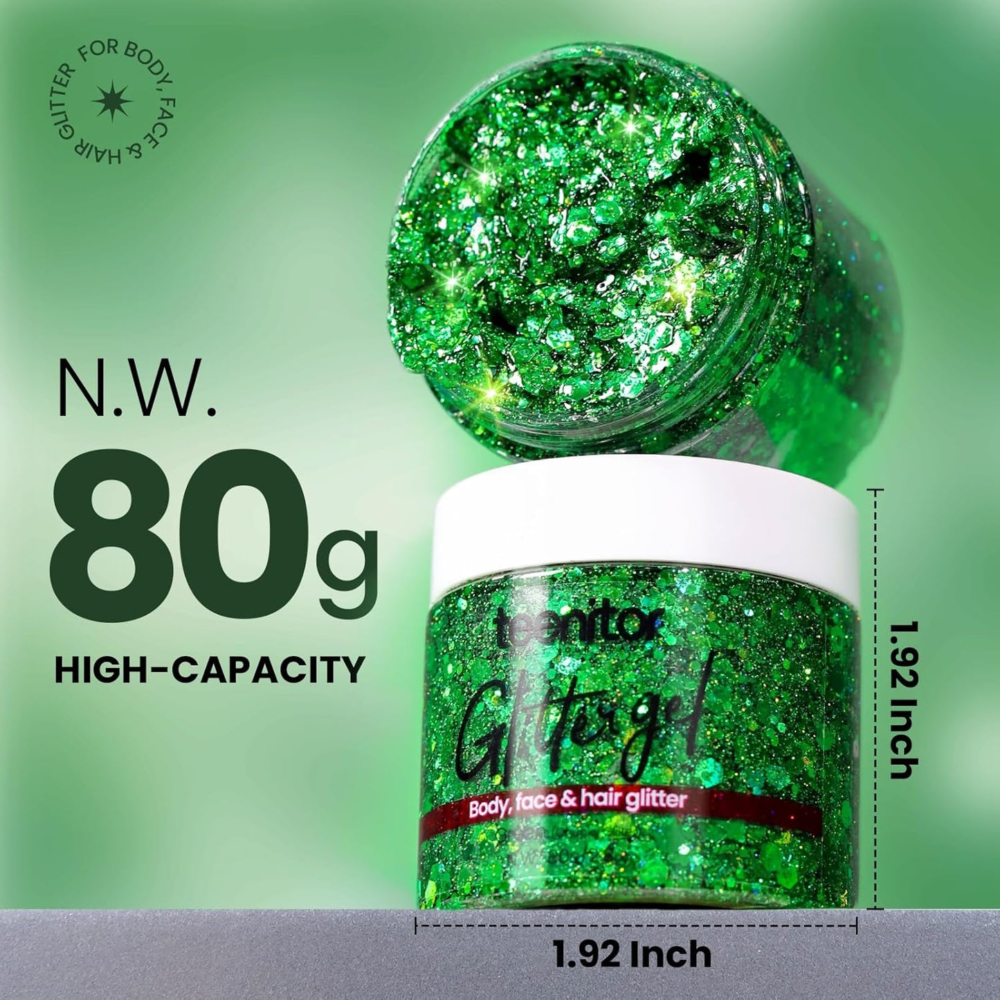 Teenitor Green Body Glitter, Face Glitters, Green Glitter, Body Glitter Gel, Hair Glitter Gel, 80g/2.8oz Holographic Glitter for Face Body Hair, Glitter Makeup for Kids
