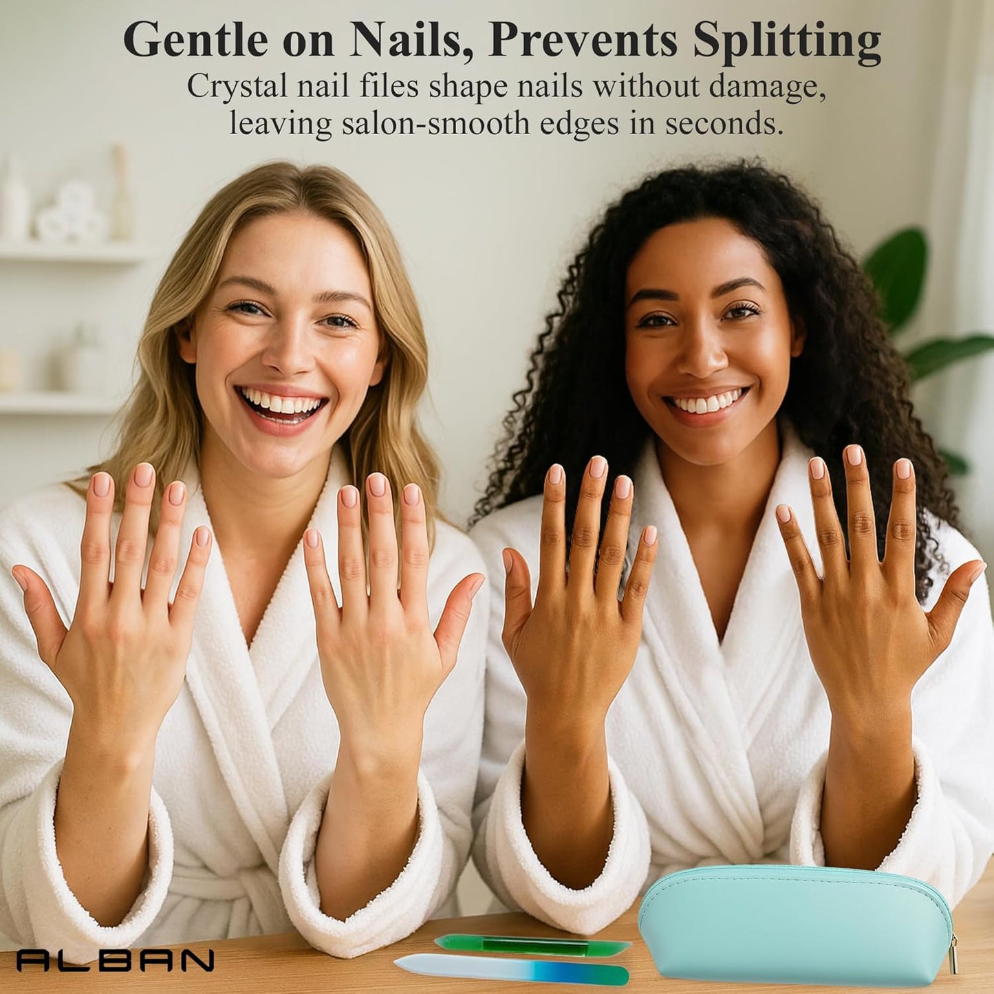 Alban Czech Glass Nail File Set with Manicure Stick & Vegan Leather Cosmetic Case (Green-Blue Nail Files, Green Manicure Stick & Light Blue Cosmetic Case)