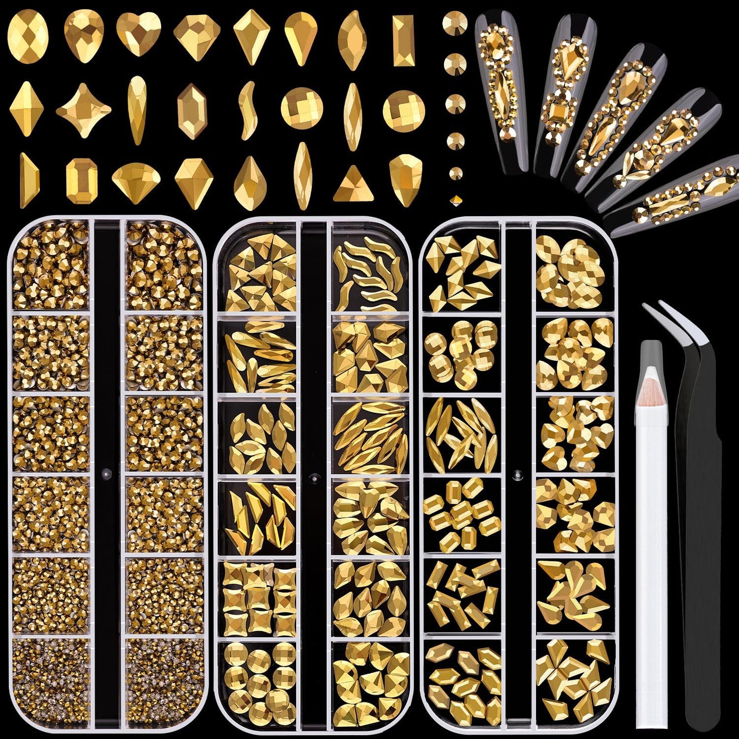 2750Pcs Mineral Gold Glass Nail Rhinestones 240Pcs Multi Shapes Flatback Nail Gems + 2510Pcs 1.5-4mm Round Crystal, Manicure Nail Charms Diamond Gemstones for Acrylic Nails Decoration