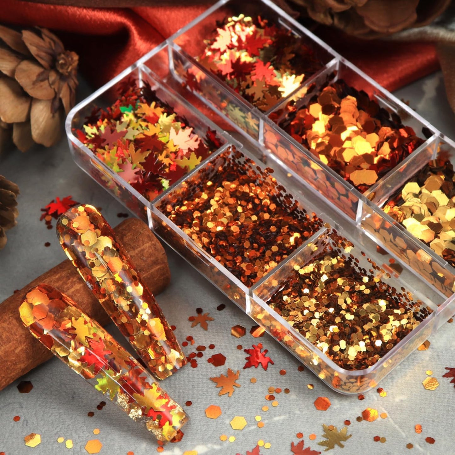 Thanksgiving Glitter Maple Leaf Nail Sequins Fall Nail Flakes Design Nail Charms Holographic Mixed Color 3D Confetti Autumn Nail Art Stickers Maple Leaves Nail Glitter Sequins for Women