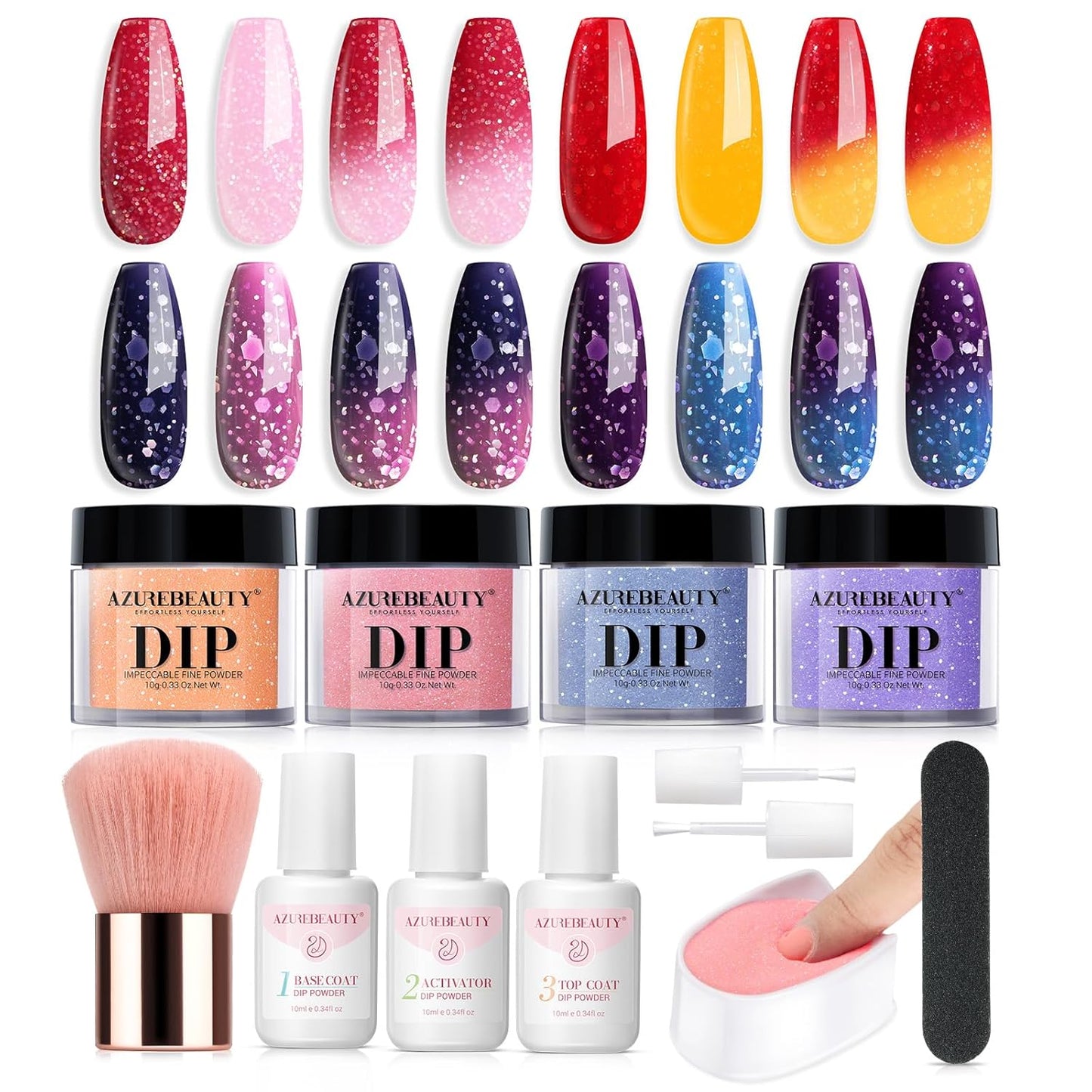AZUREBEAUTY Dip Powder Nail Kit, Color Changing Glitter Pink Blue Purple Orange Mood Temperature Dipping Powder Liquid Set with Base Top Coat Activator for Home Manicure Gift