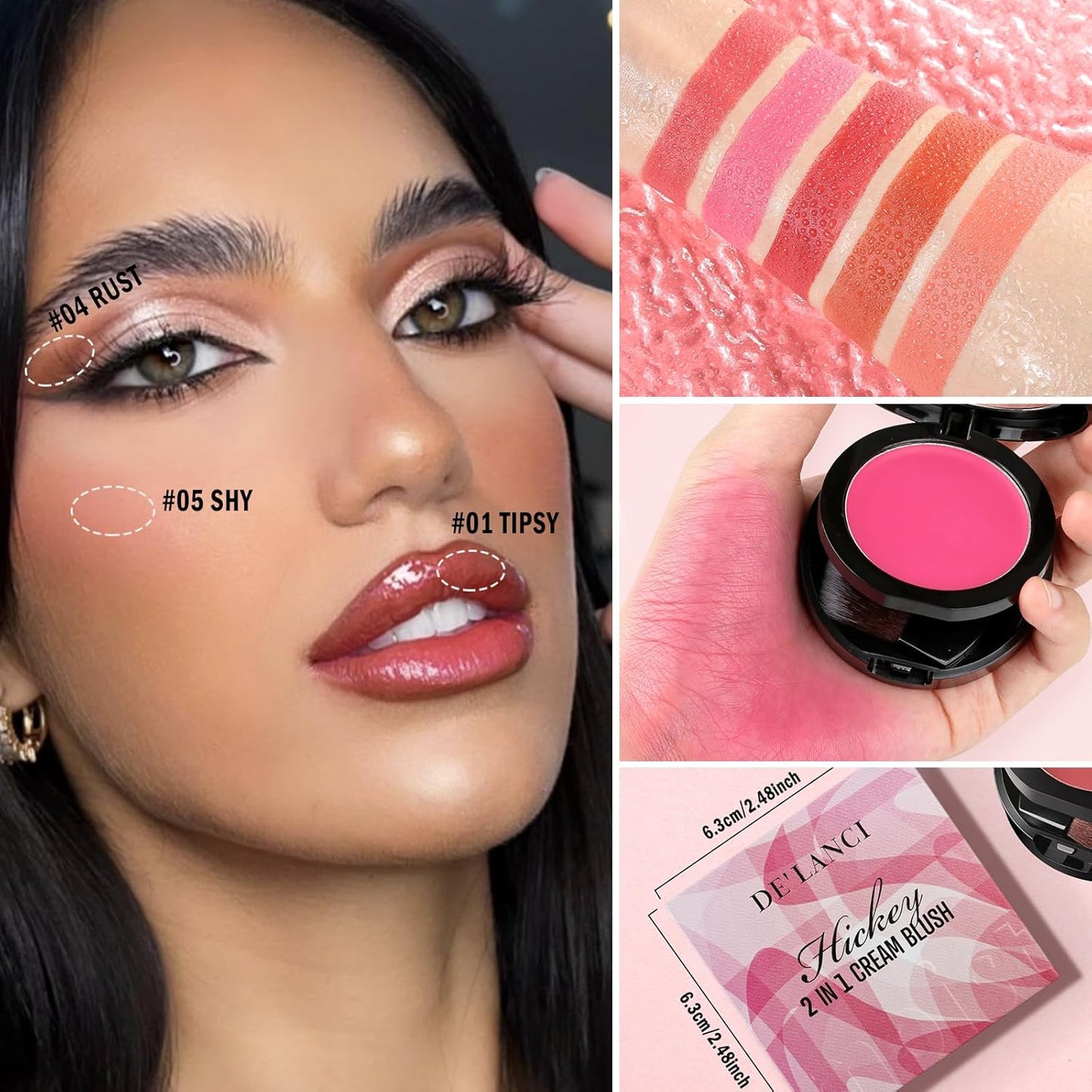 Multi-Purpose Cream Blush for Cheeks & Lip & Eyeshadow, Buildable Lightweight Peach Blush Balm, Ultra Hydrating Cruelty-Free Makeup Blush for Dry/Sensitive Skin, Waterproof Blush, Built-in Brush, Rose