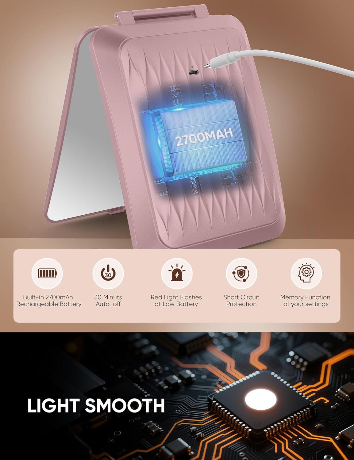 1X/10X Magnifying Makeup Mirror with 3 Colored Lights and Touch Control, 2700mAh Rechargeable LED Vanity Mirror for Home, Bathroom and Travel (Rose Pink, with LED Lights)