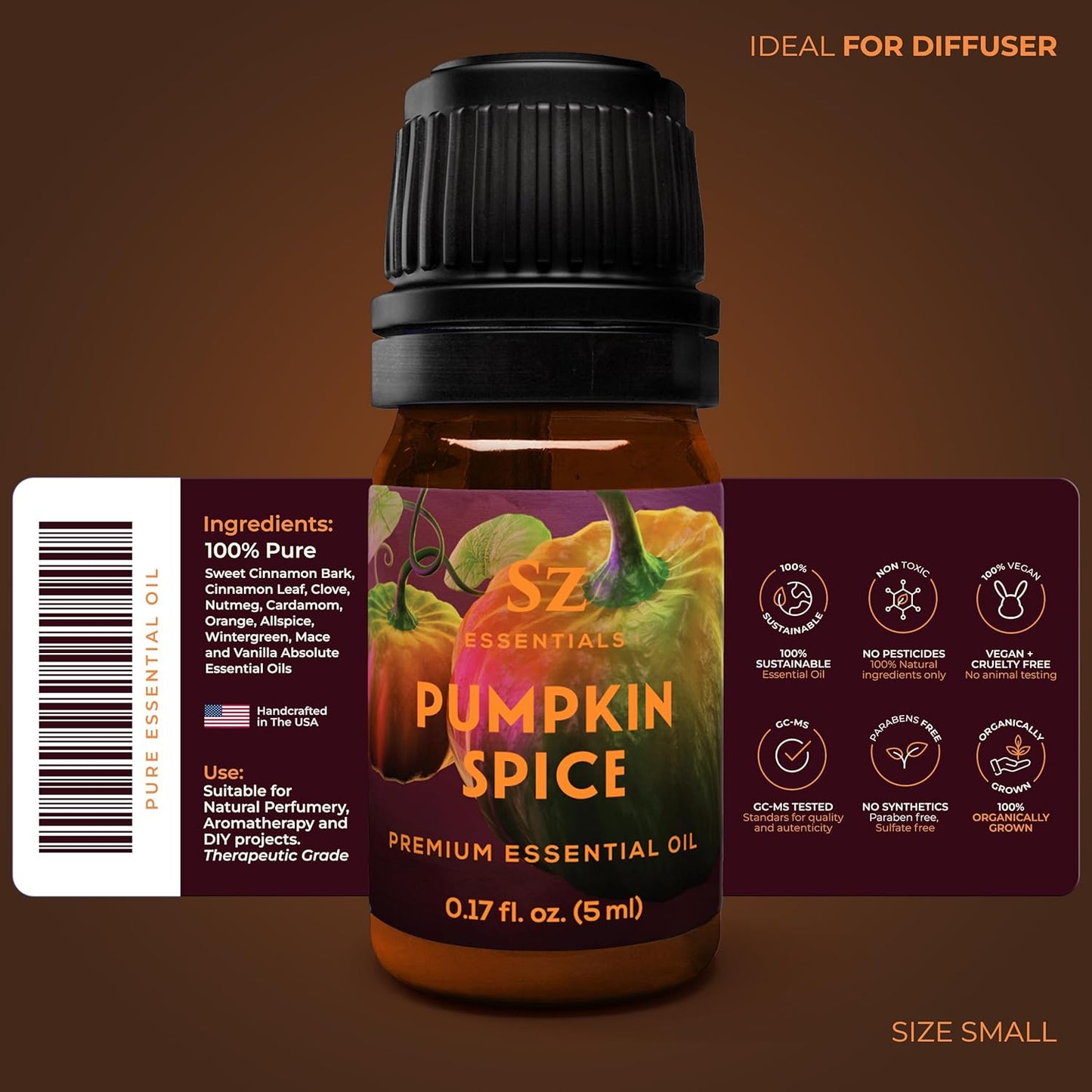 Pumpkin Spice Essential Oil Blend for Diffuser and Humidifier - 100% Pure and Natural - Rich Pumpkin Spice Scent, with Fruity and Spicy Overtones - Vegan - 0.17 floz (5 mL)