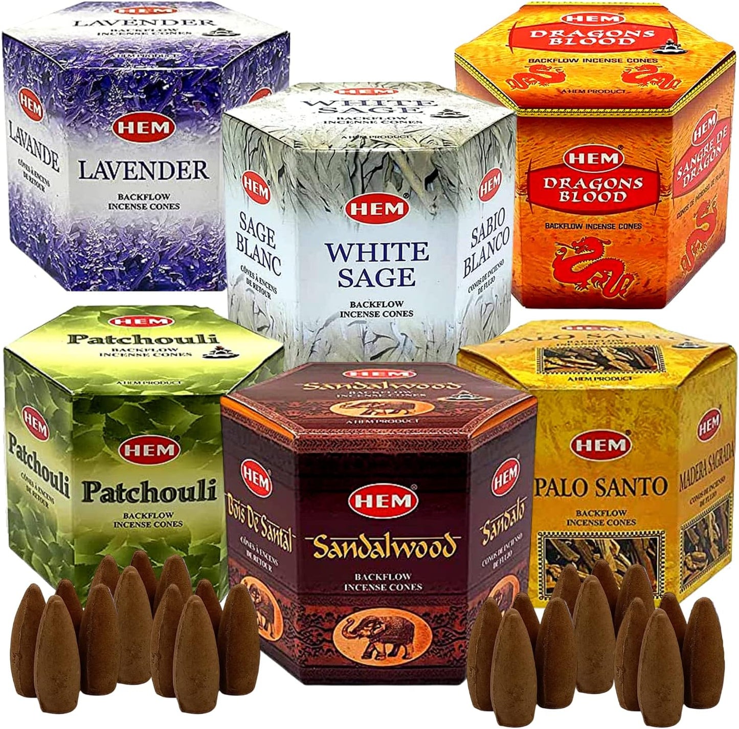 Hem Backflow Incense Cones Variety - Large Pack 240 Cones + 6 Type| Palo Santo, Lavender, Sandalwood, White sage, Patchouli & Dragons Blood