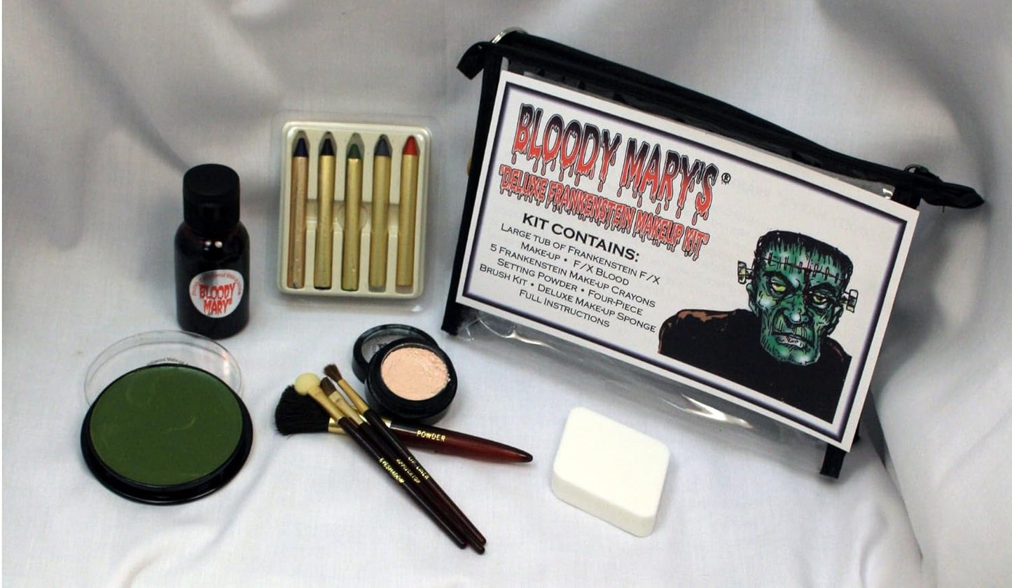 Frankenstein Monster Makeup Kit By Bloody Mary - Special Effects Halloween Costume Decoration - Professional Foundation Makeup, FX Blood, 5 Crayons, Setting Powder, 4 Brushes, Sponge & Zippered Case