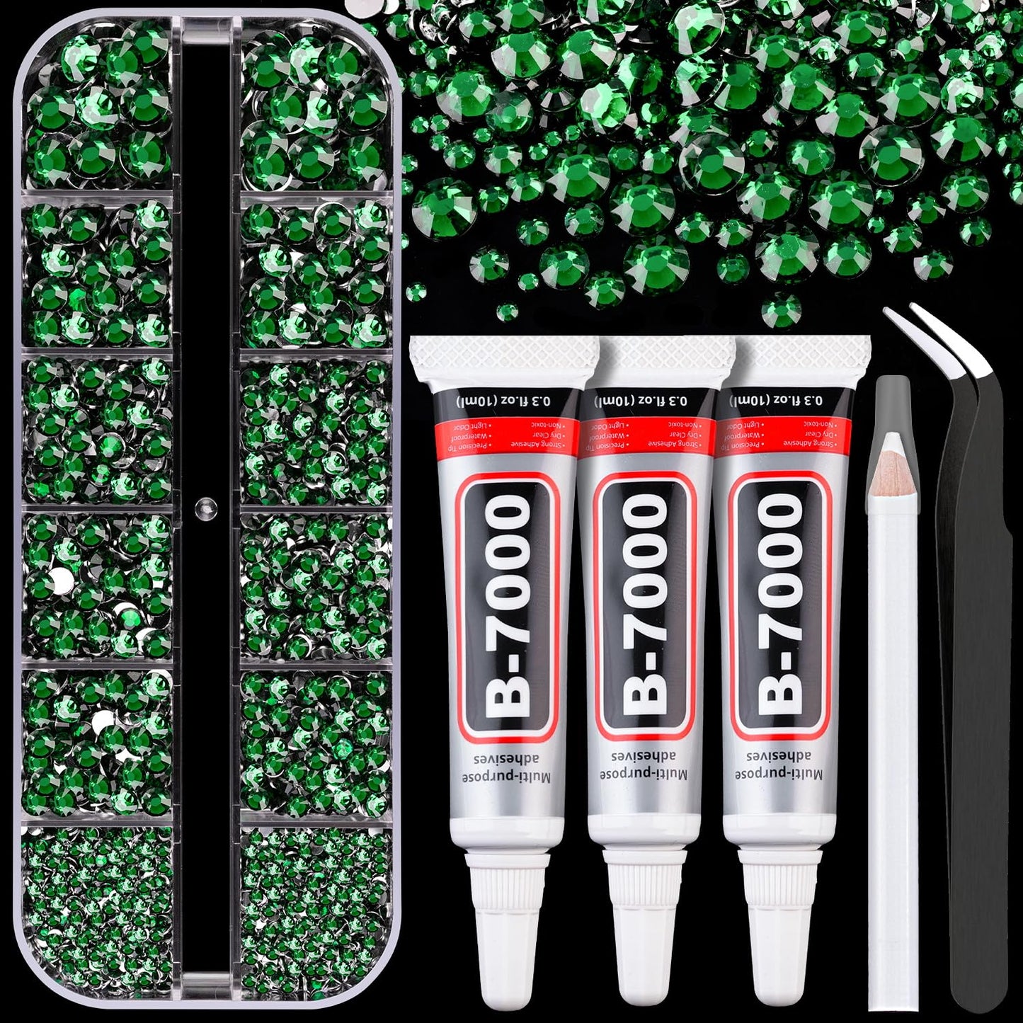 Resin Rhinestones for Crafting with B7000 Jewelry Glue, 1 Box Dark Green Flatback Crystals with 3Pcs 10ml Glue for Bedazzling Crafts DIY Nail Art Makeup，Non Hotfix Gems for Clothing Shoes