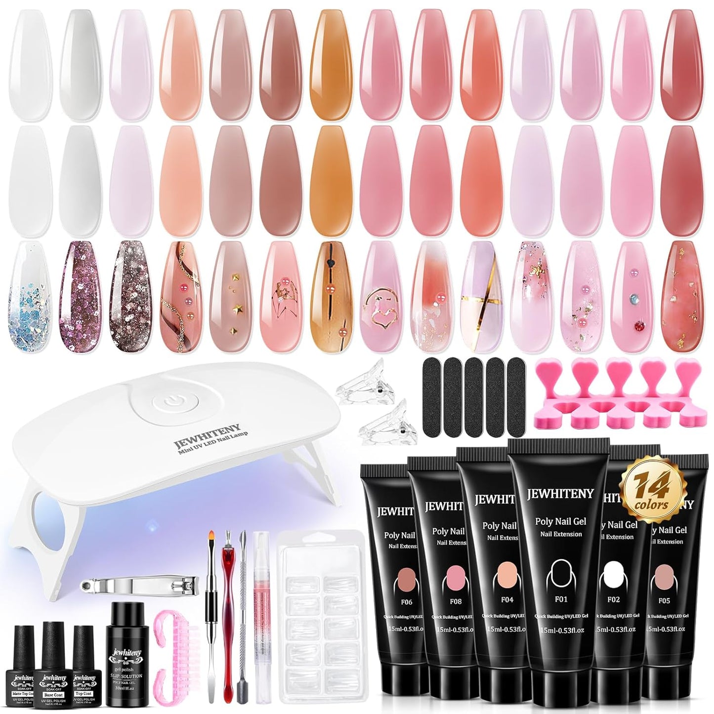 JEWHITENY 14 PCS Poly Nail Gel Kit Poly Extension Gel Kit Starter Kit With Slip Solution Professional Extension Set With LED Lamp Nail Art Design Beginner All In One