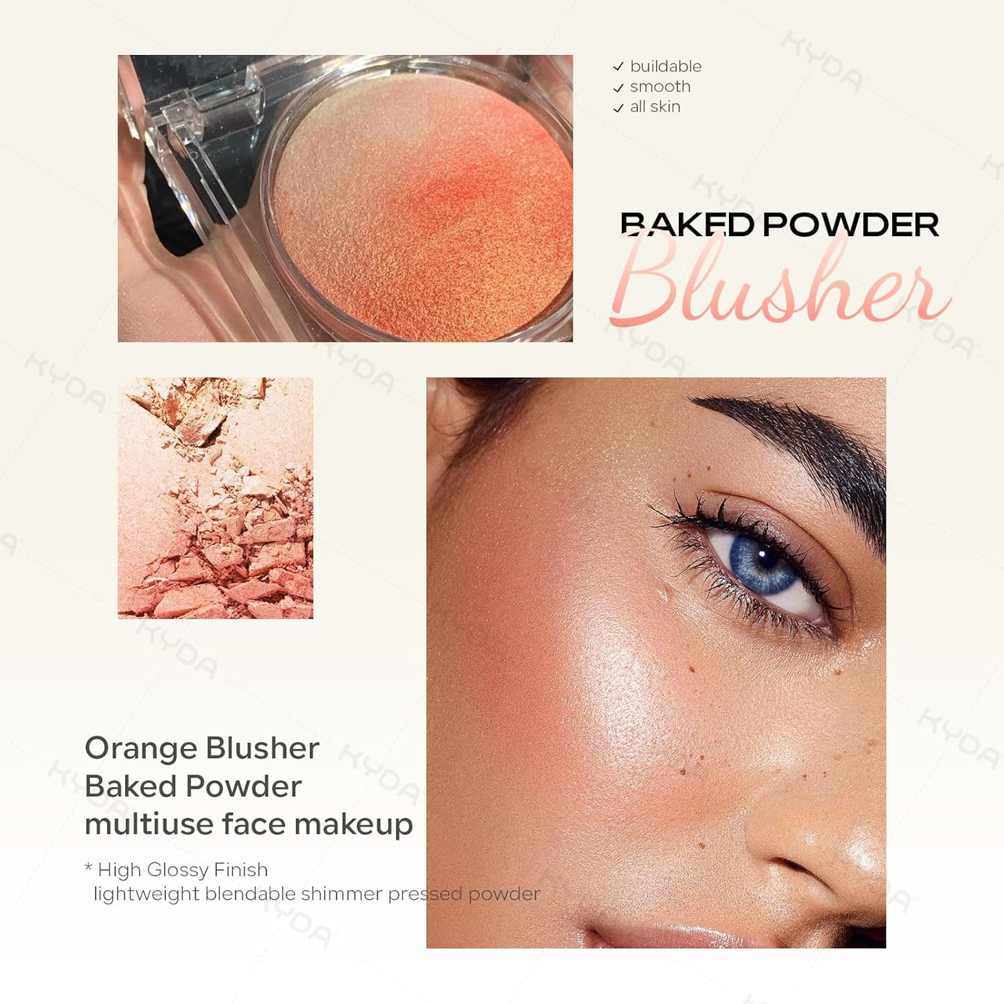 KYDA Baked Blush, Orange Glow Powder for Blush and Highlighter, High Glossy Finish, Lightweight Blendable Shimmer Blusher, Multiuse Baked Powder, 0.53 oz